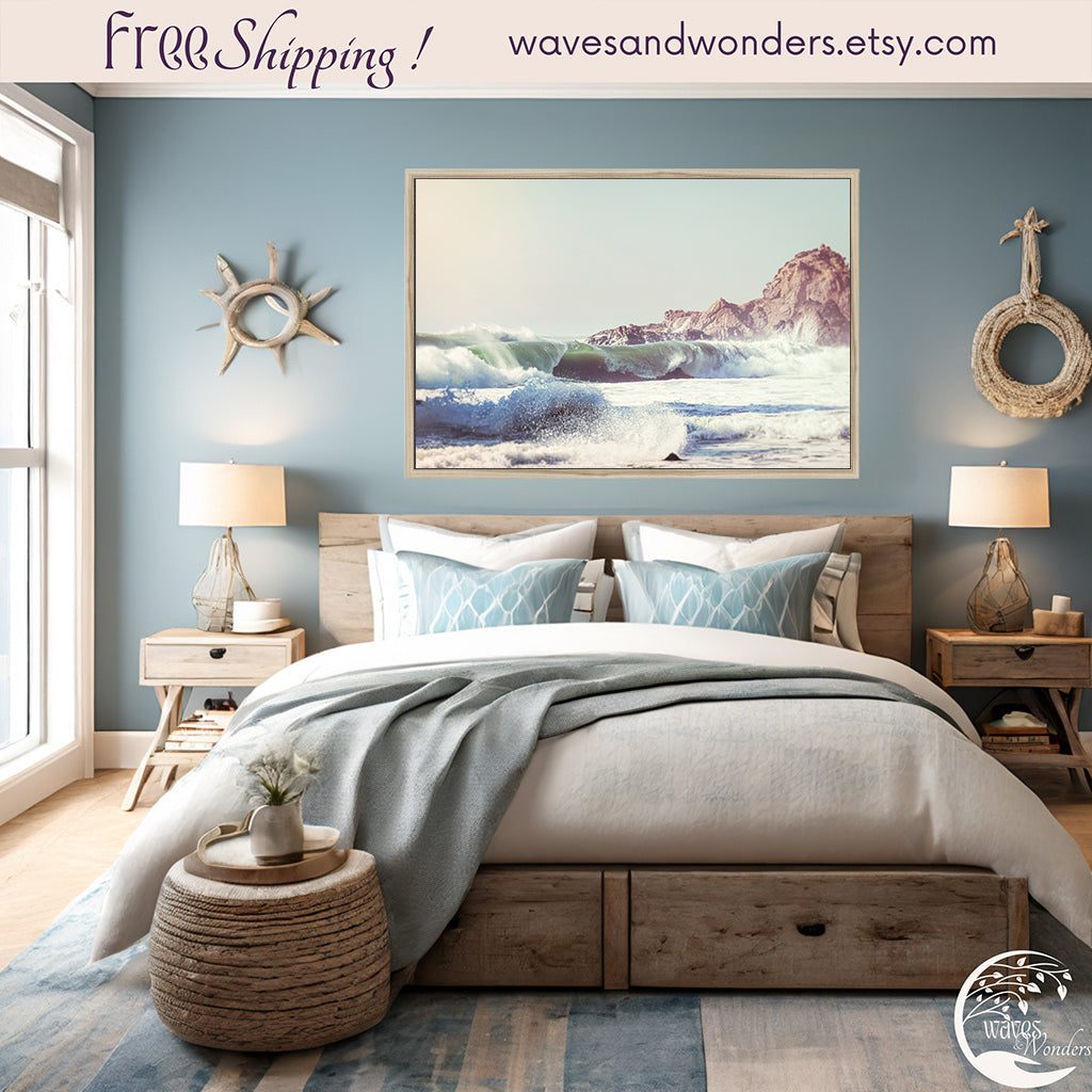 a bedroom with blue walls and a large painting
