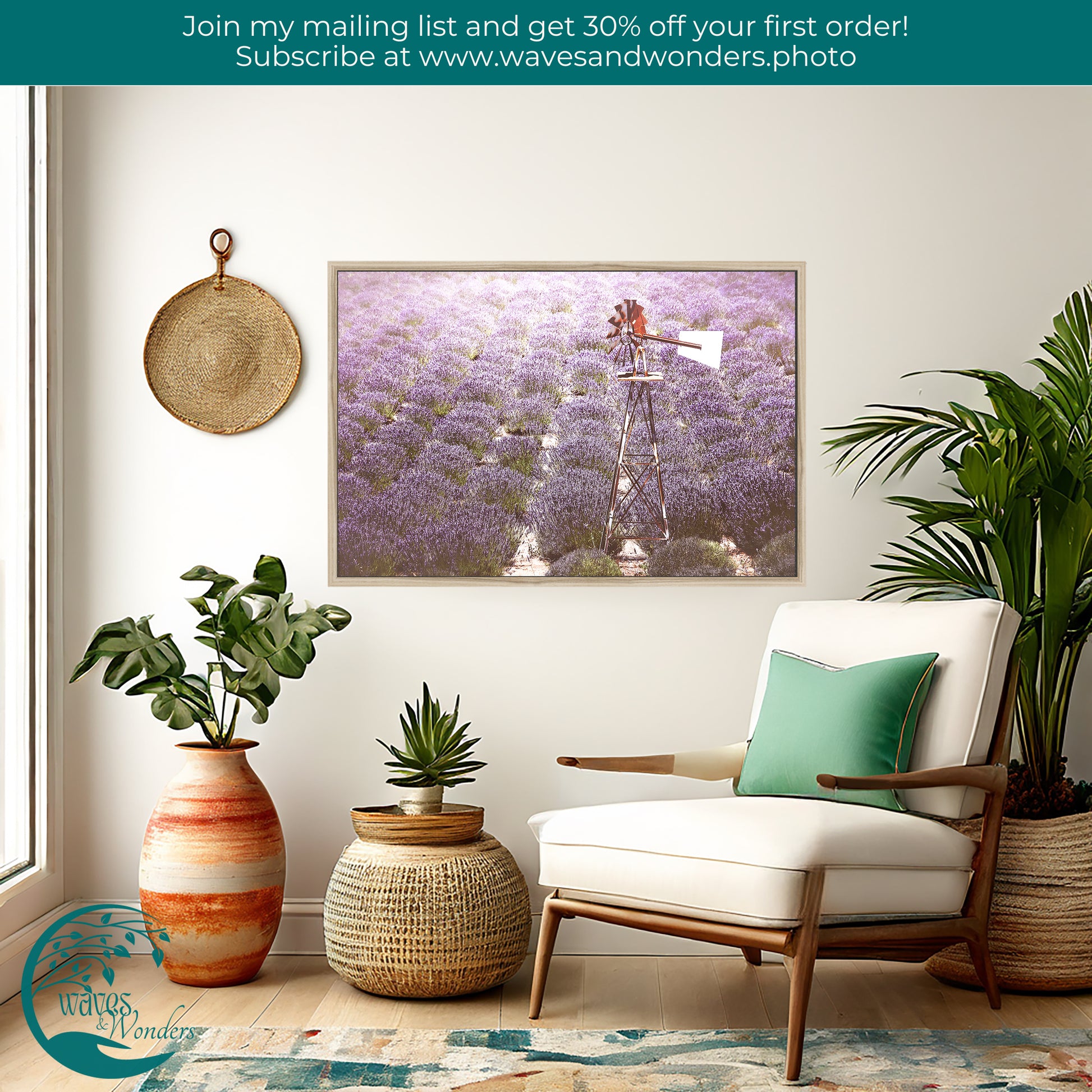 a room with a chair, potted plants, and a picture on the wall