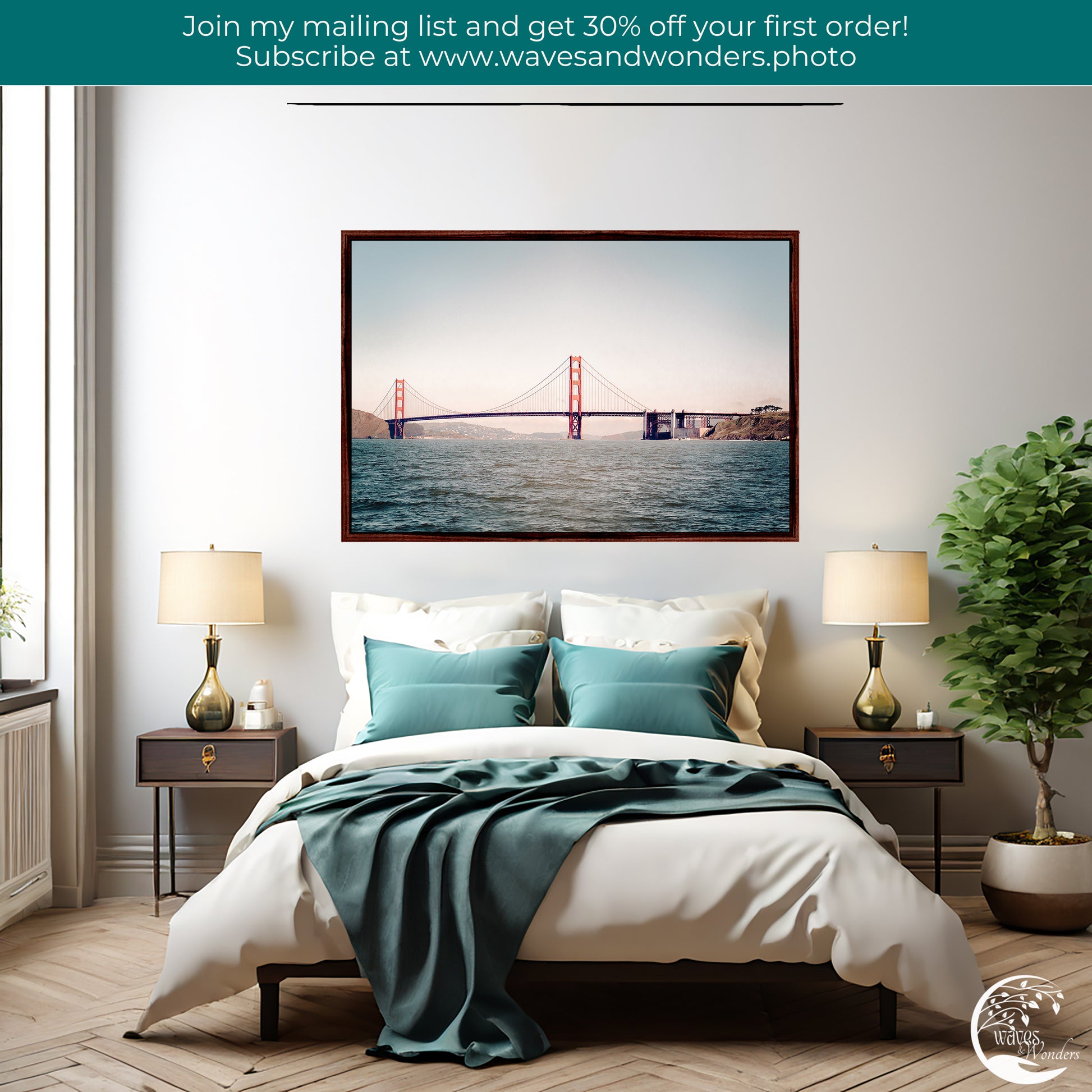 a bedroom with a picture of the golden gate bridge