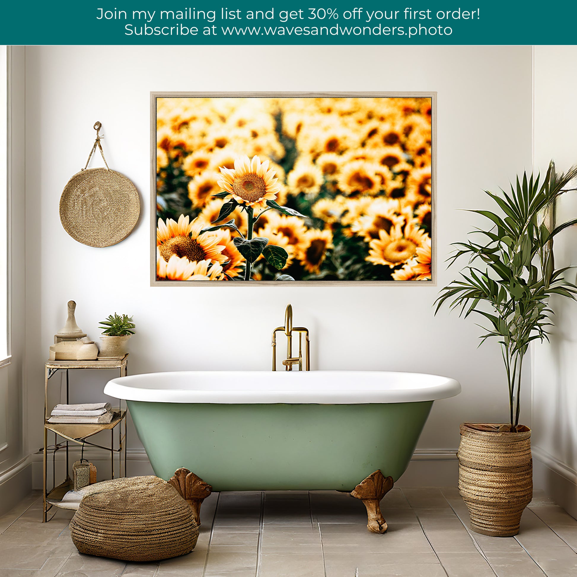 a bathroom with a bathtub, potted plants and a picture of sunflower
