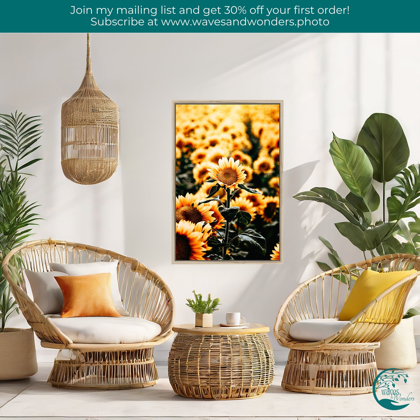 a living room with wicker chairs and a picture of sunflowers