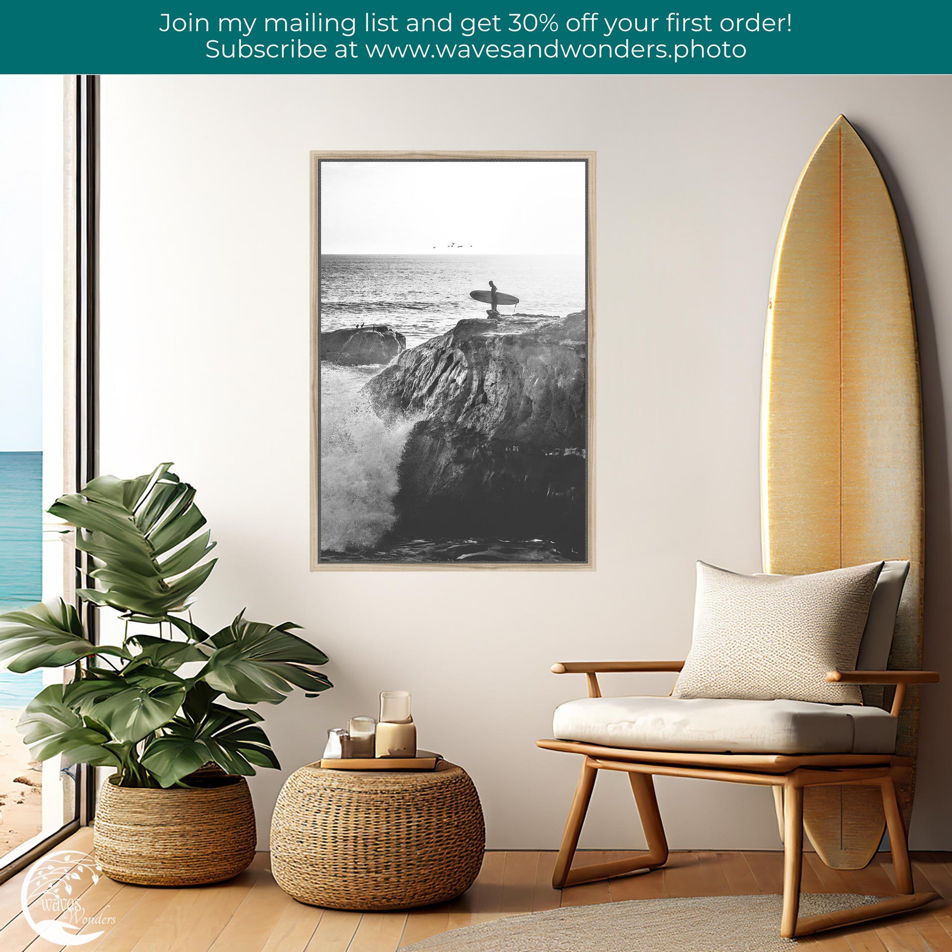a living room with a surfboard on the wall