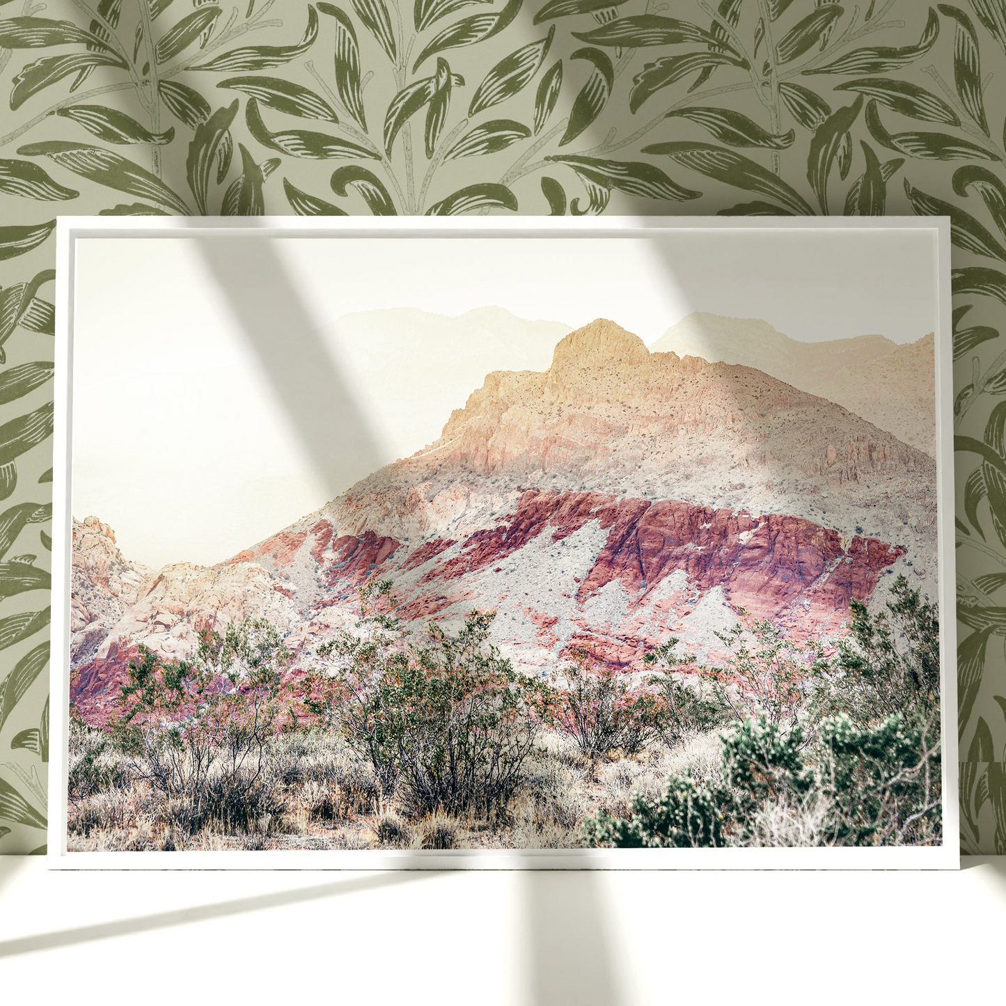 a picture of a mountain in a frame on a wall