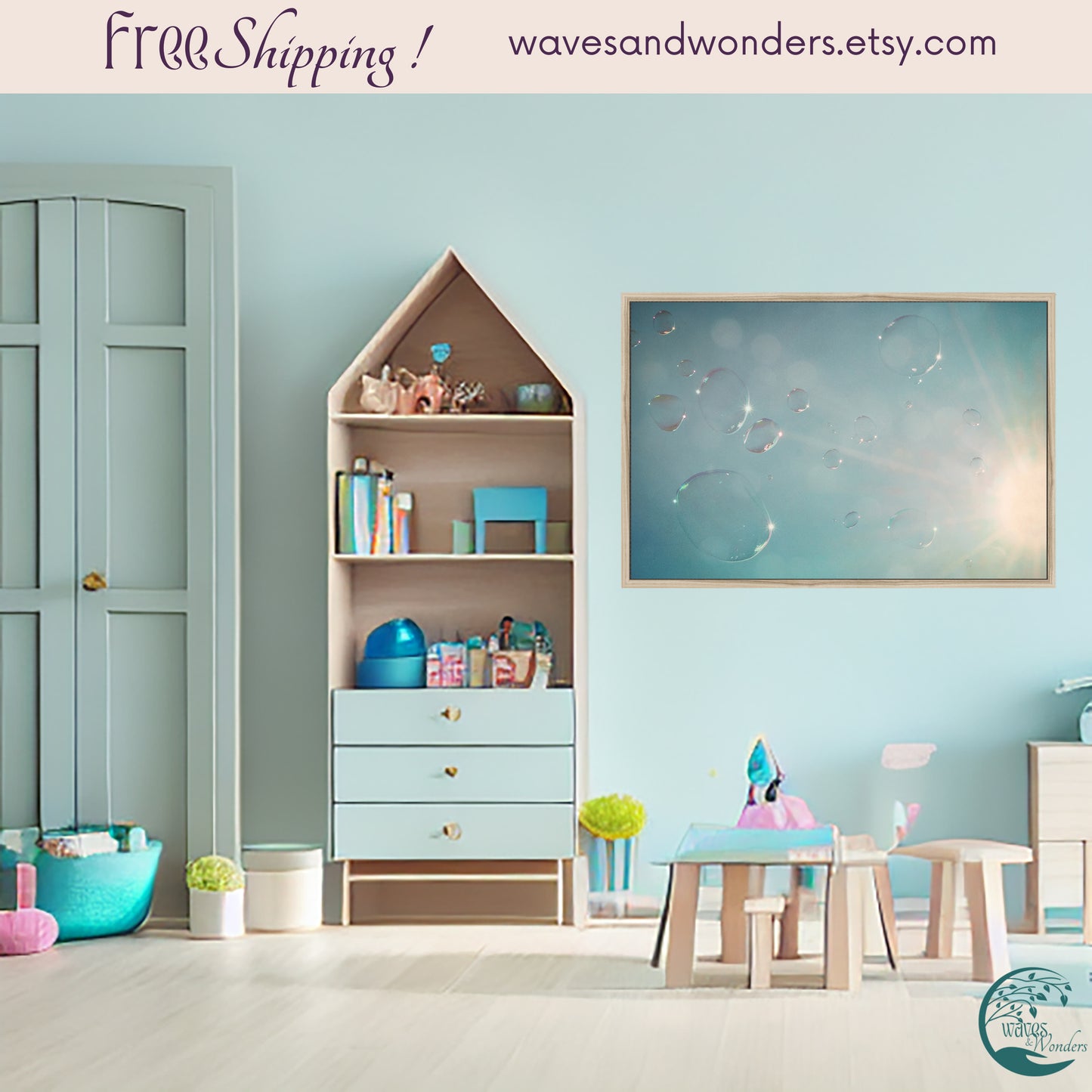 a child's room with a blue wall and a wooden shelf