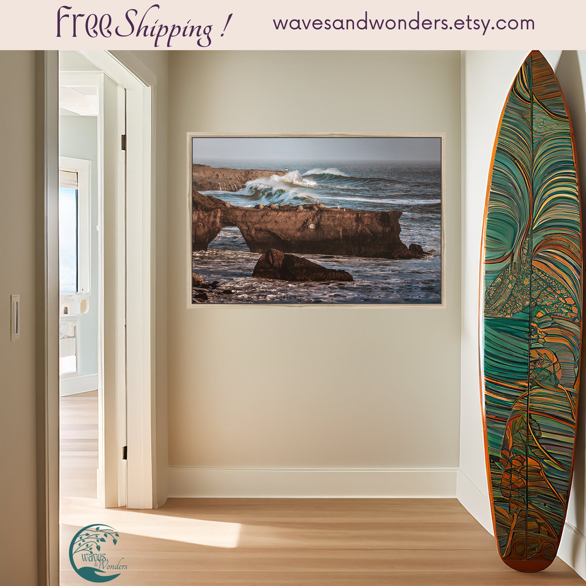 a surfboard leaning against a wall in a room