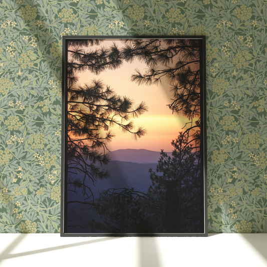 a picture frame hanging on a wall with a sunset in the background