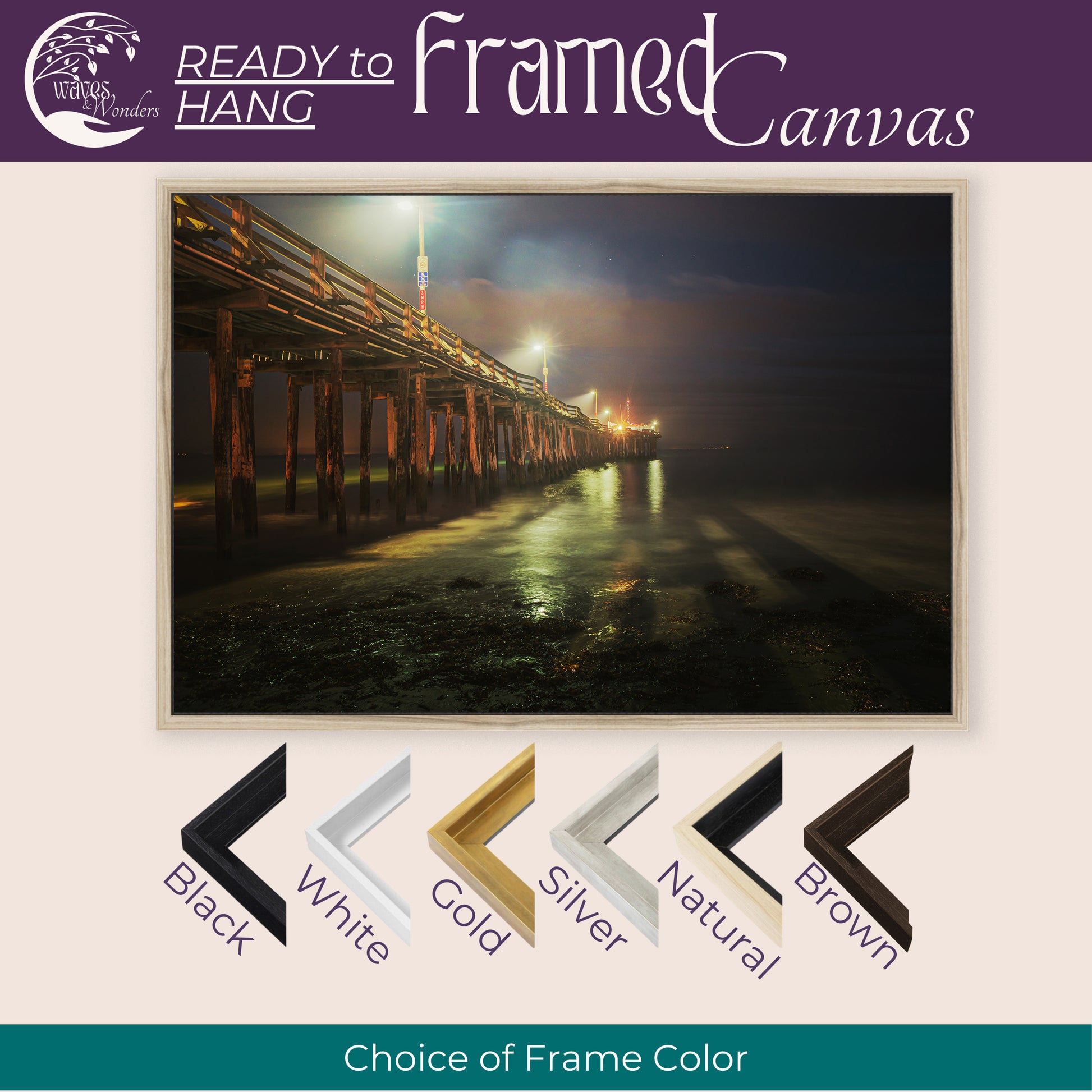 a picture of a pier at night with text reading ready to frame canvass choice