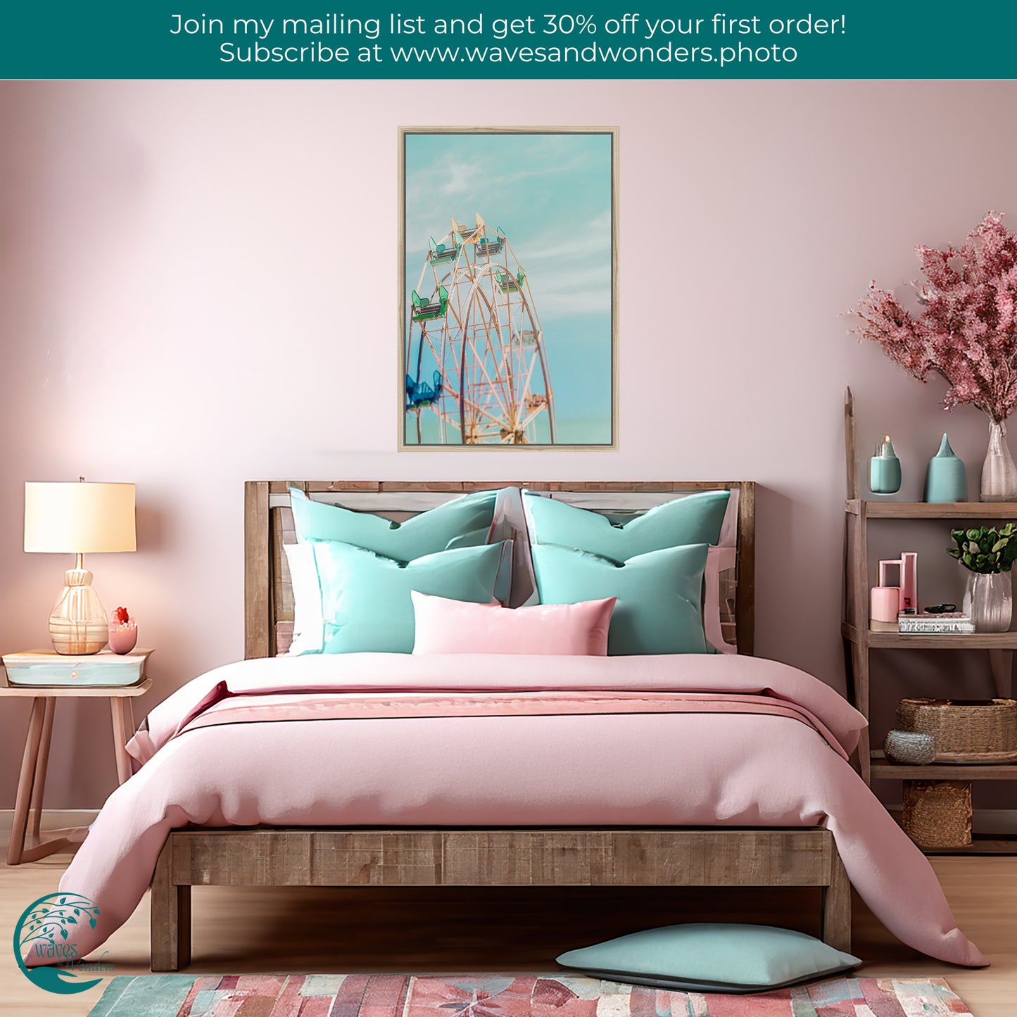 a pink bedroom with a ferris wheel on the wall
