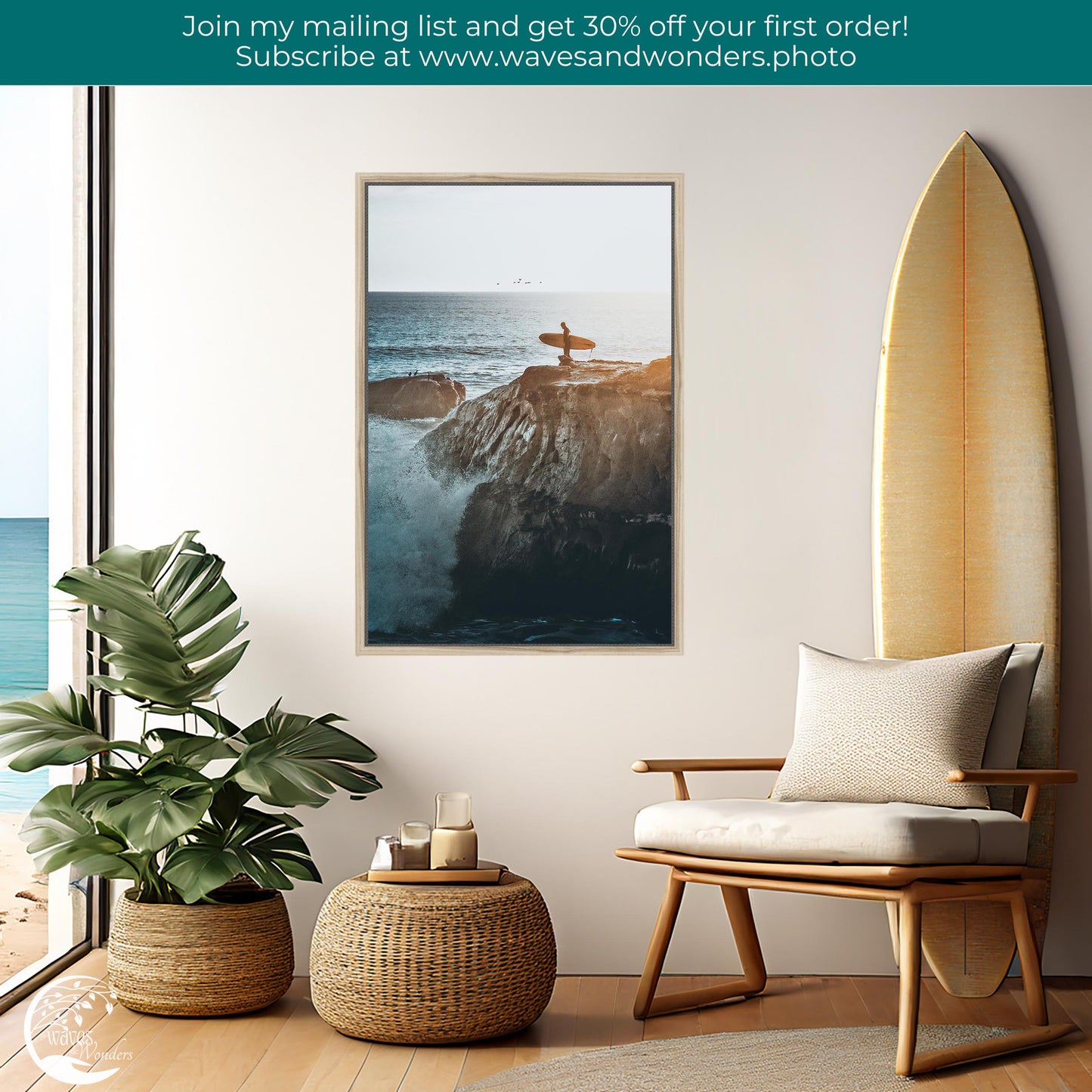 a living room with a surfboard on the wall