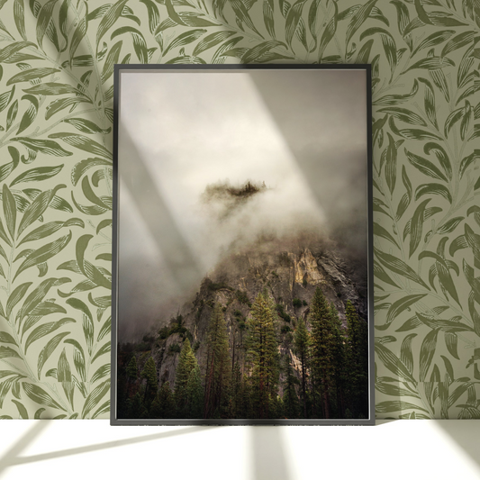 a picture frame hanging on a wall above a picture of a mountain