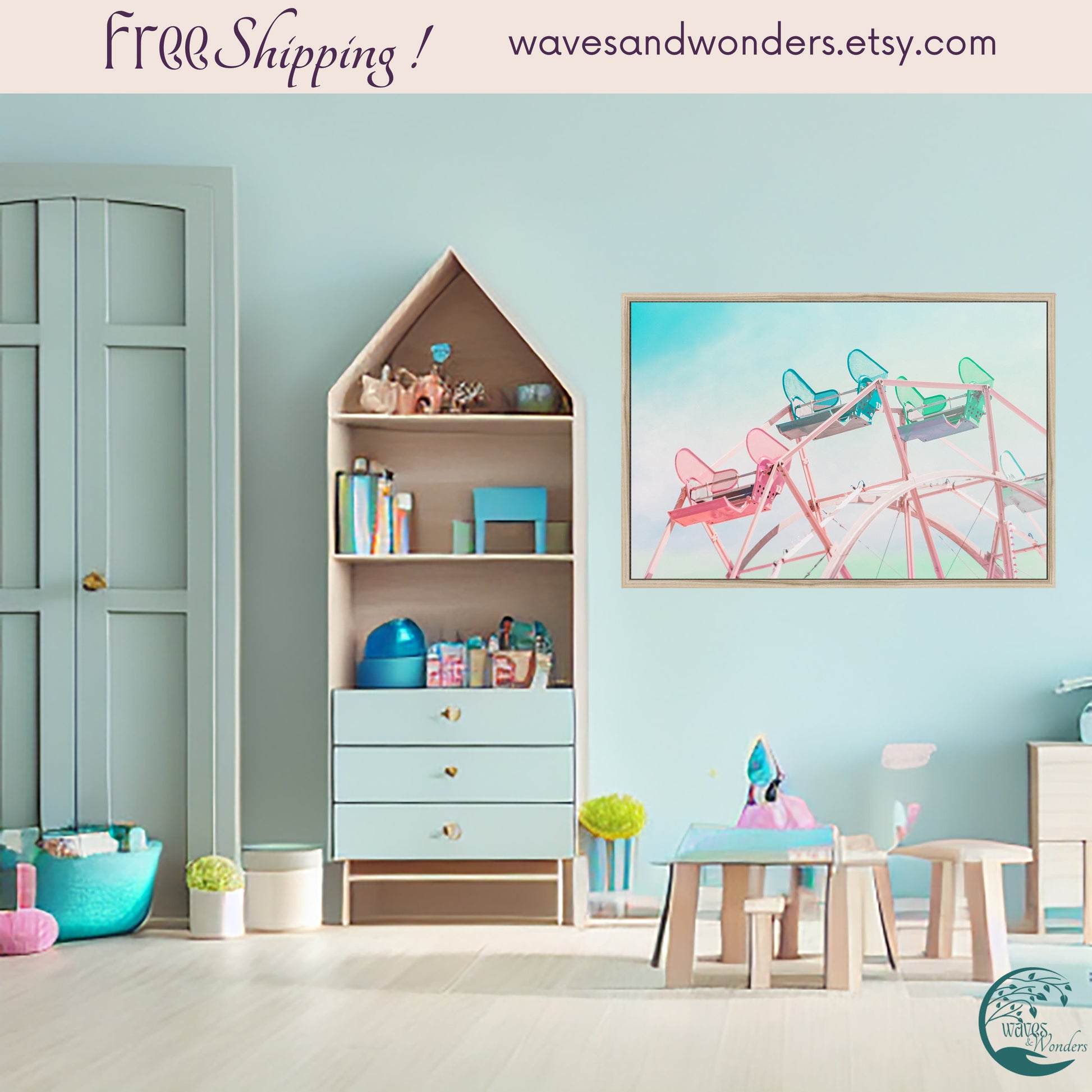 a child's room with a blue wall and a white bookcase