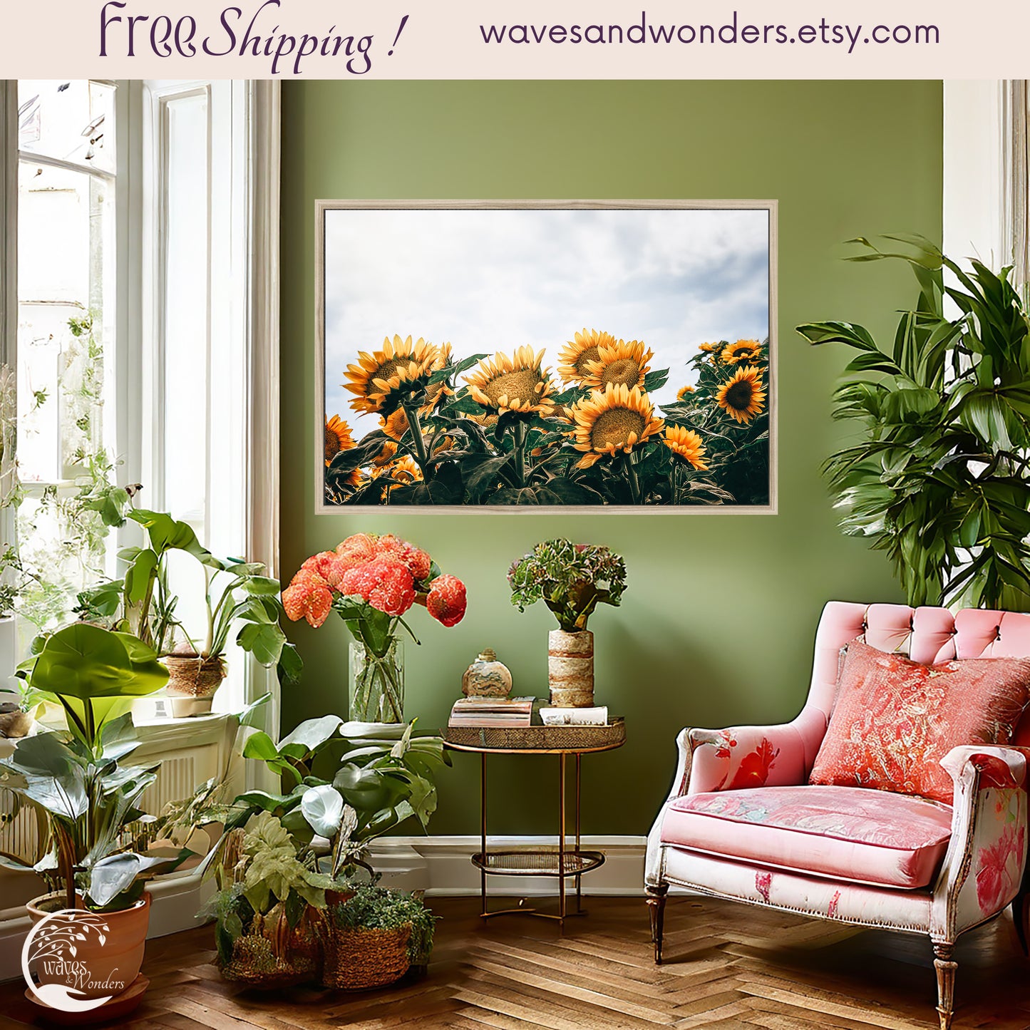 a living room with sunflowers and a pink chair