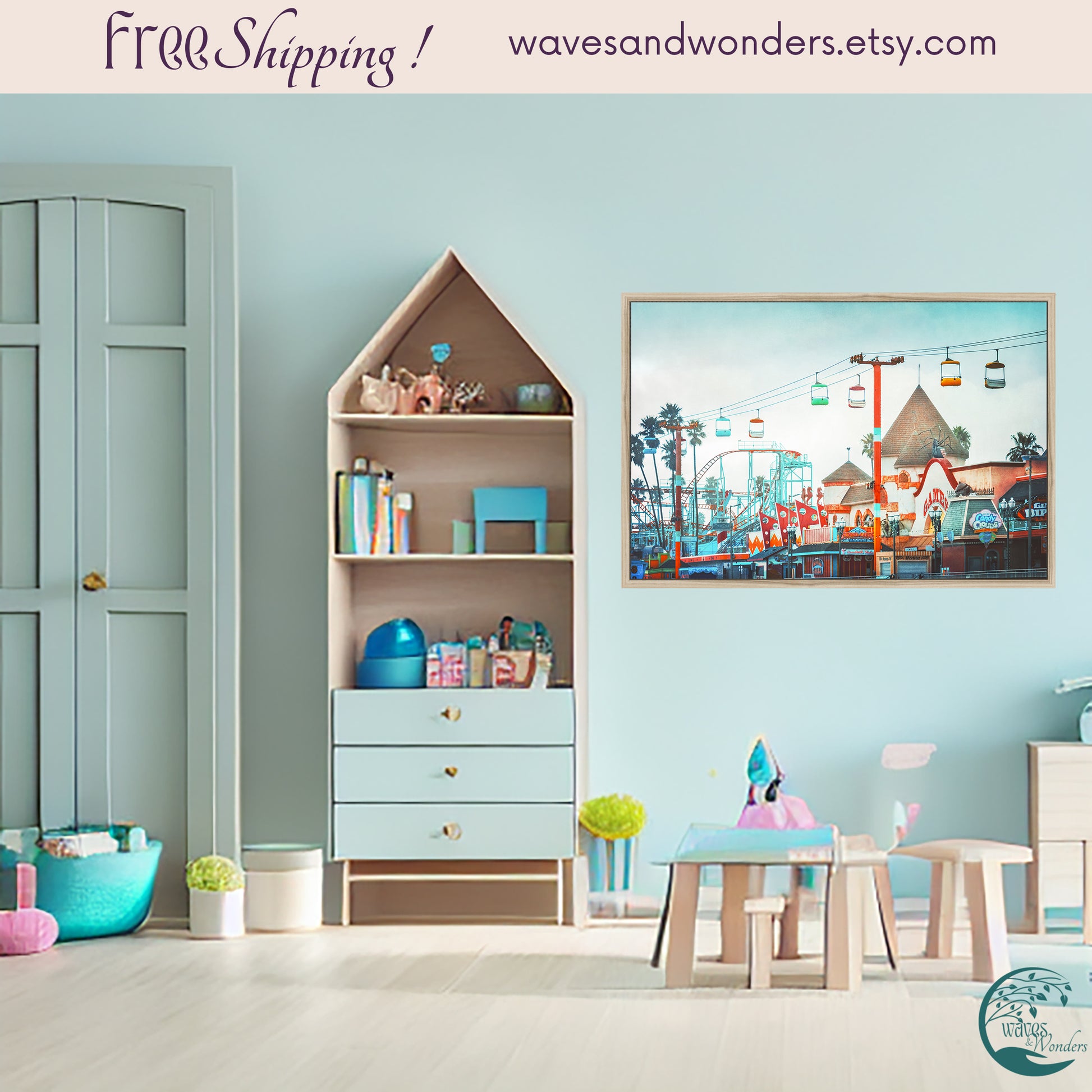 a child's room with a blue wall and a white bookcase