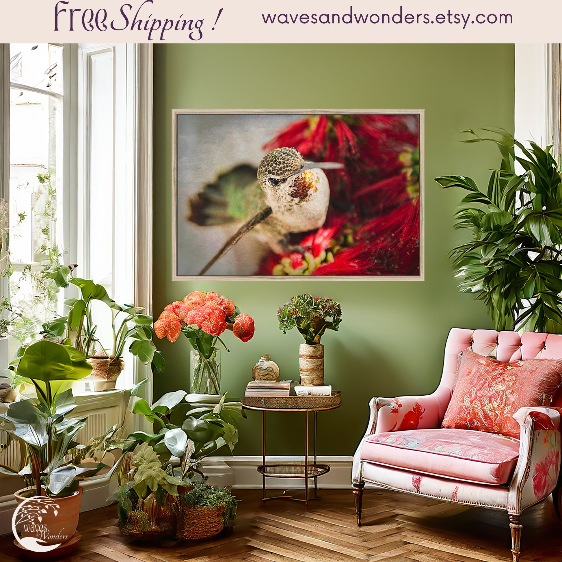 a living room with a pink chair, potted plants and a picture of a