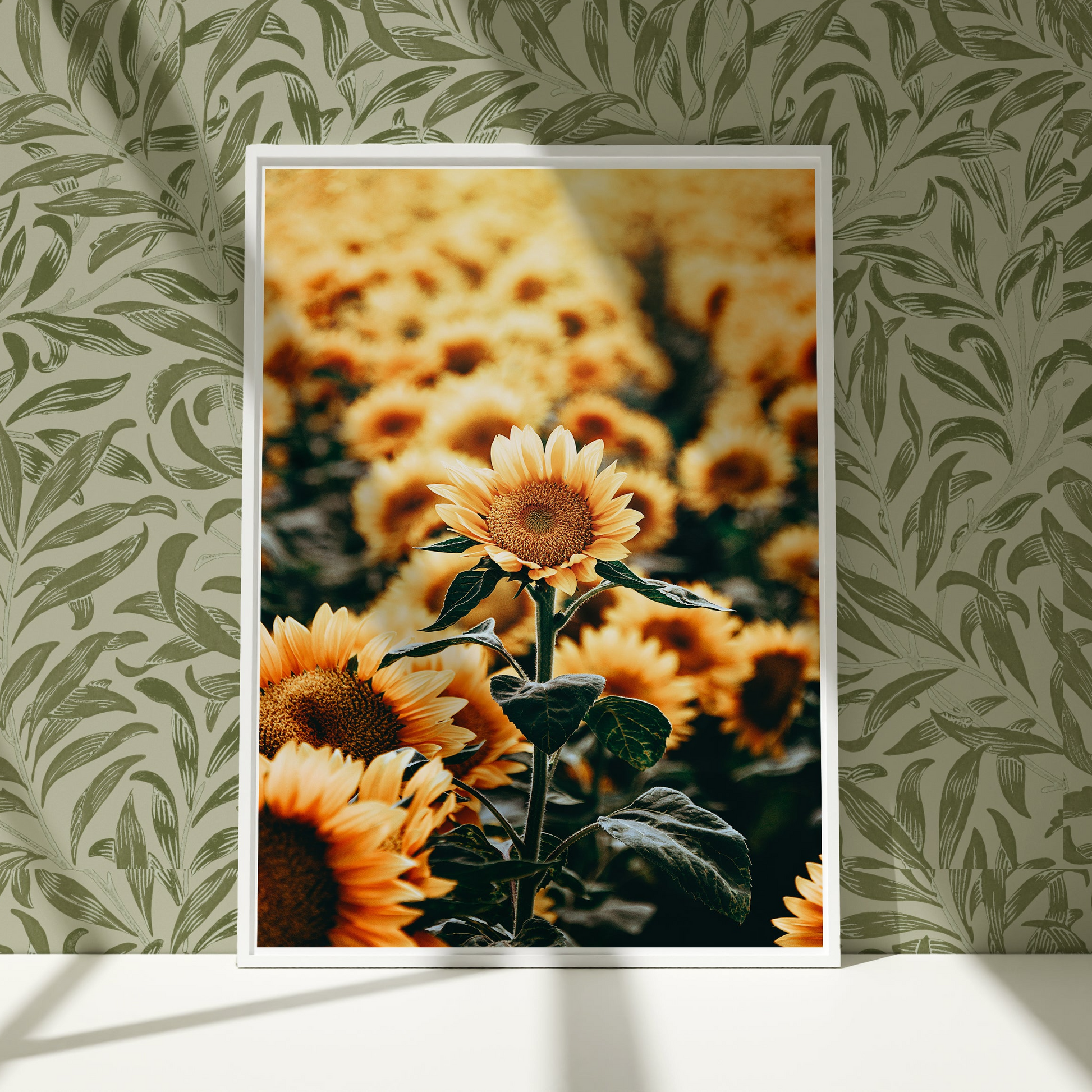 a picture of a field of sunflowers on a wall