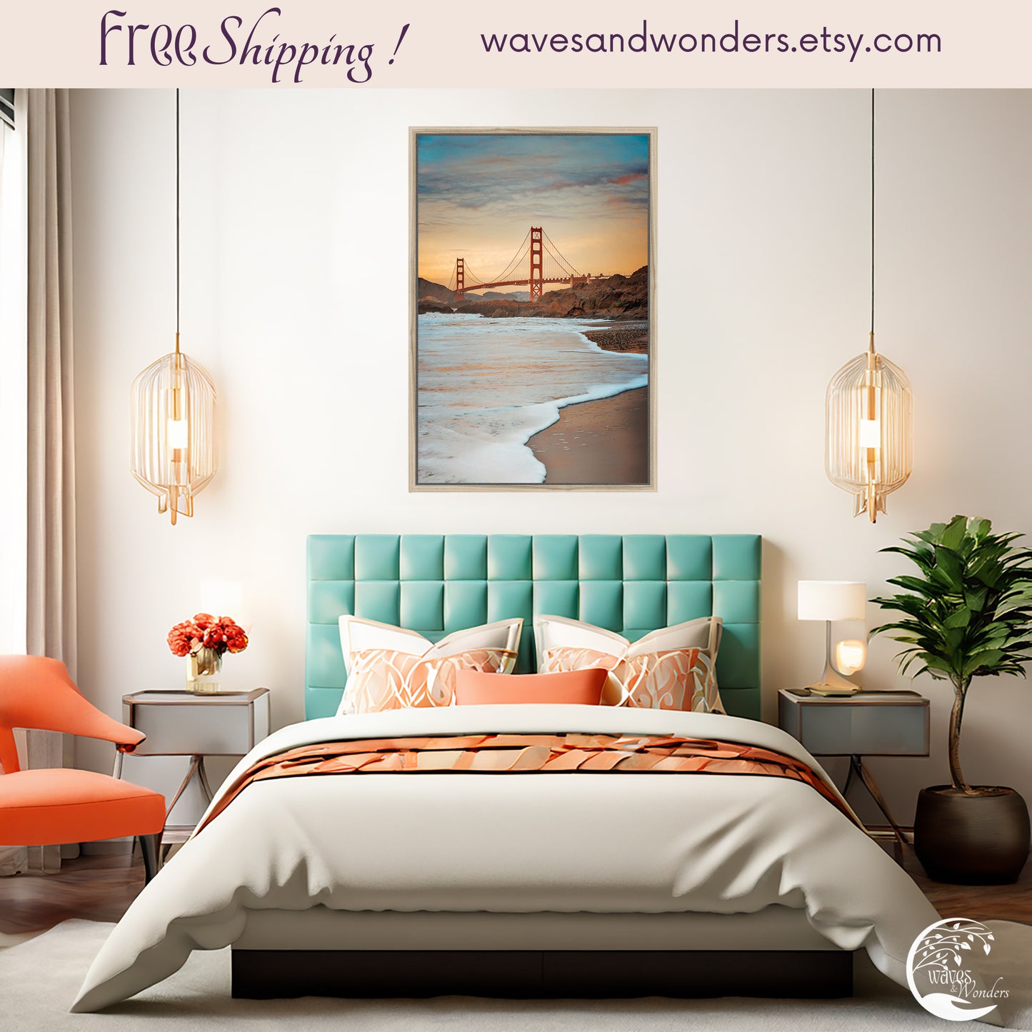 a picture of a bedroom with a picture of the golden gate bridge on the wall