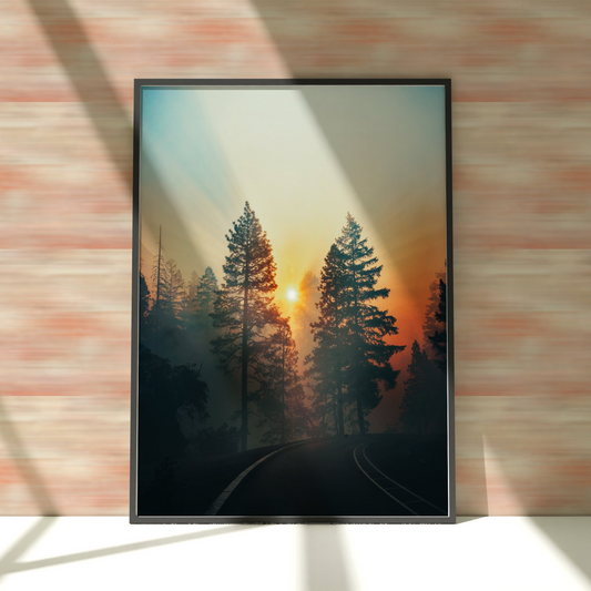 a picture hanging on a brick wall with a sunset in the background
