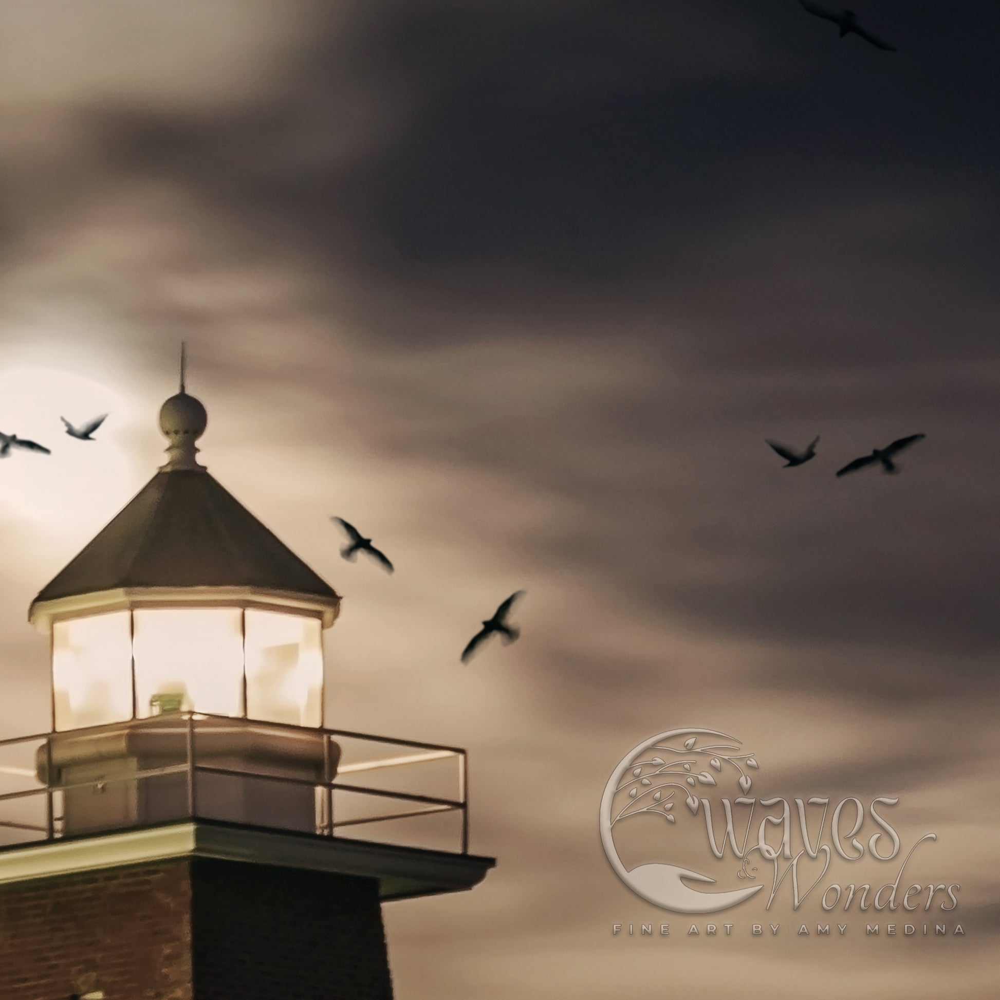 a light house with birds flying around it