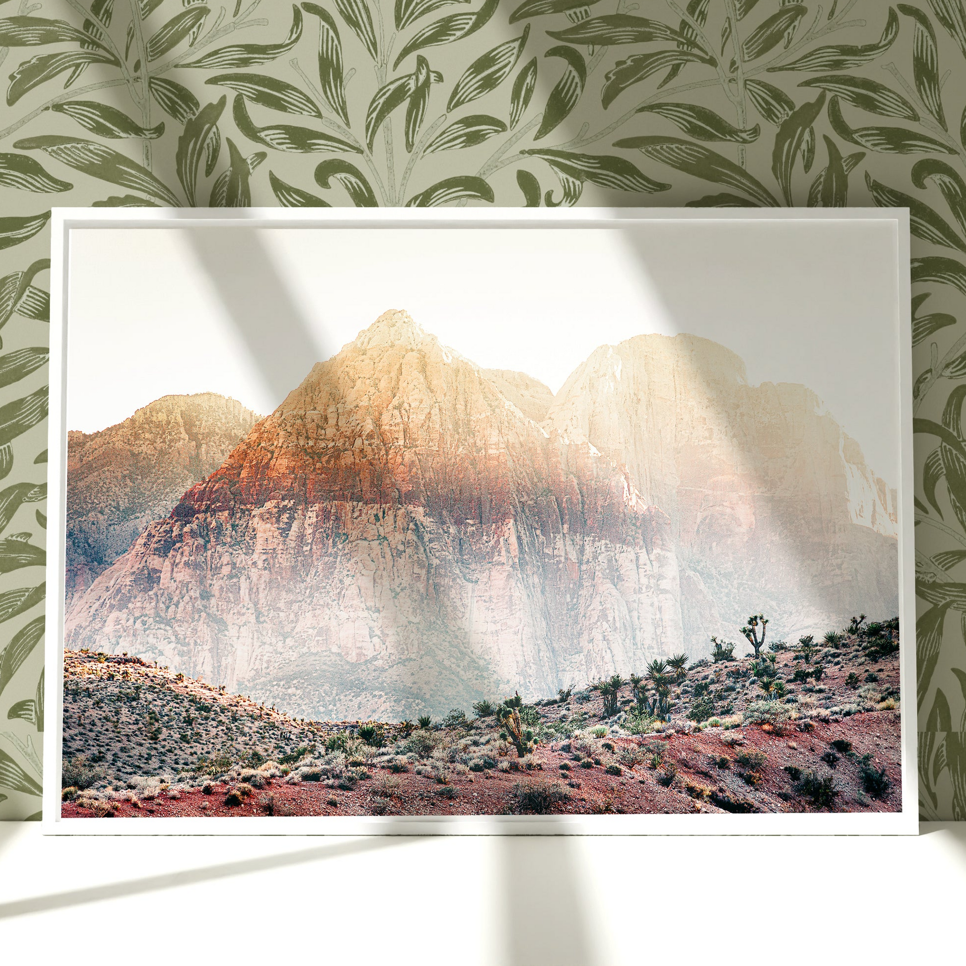 a picture of a mountain range in a frame on a wall