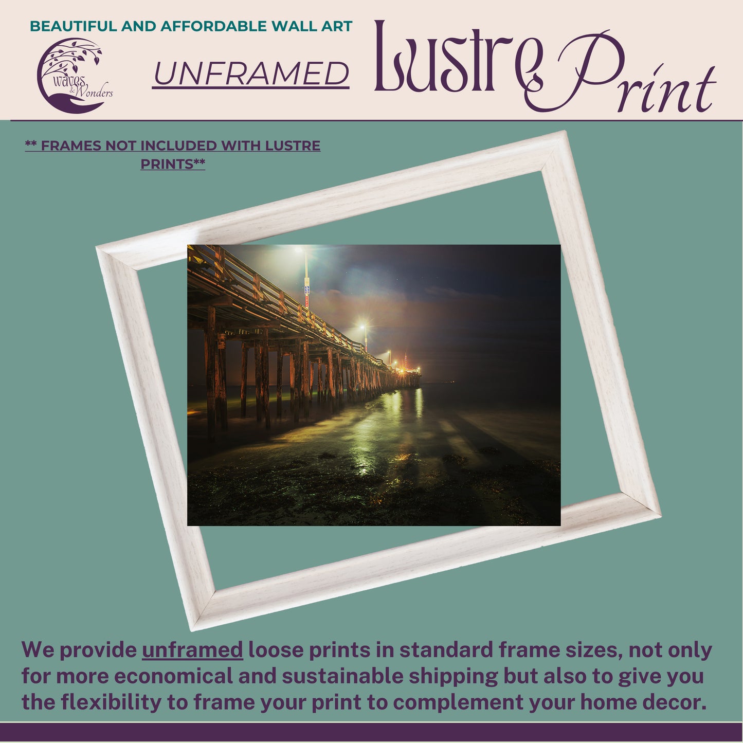 a poster with a picture of a pier at night