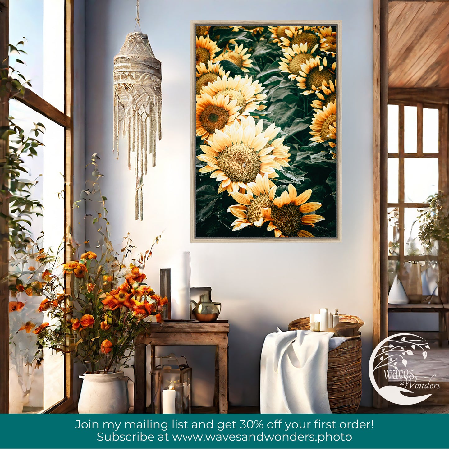 a painting of sunflowers in a living room