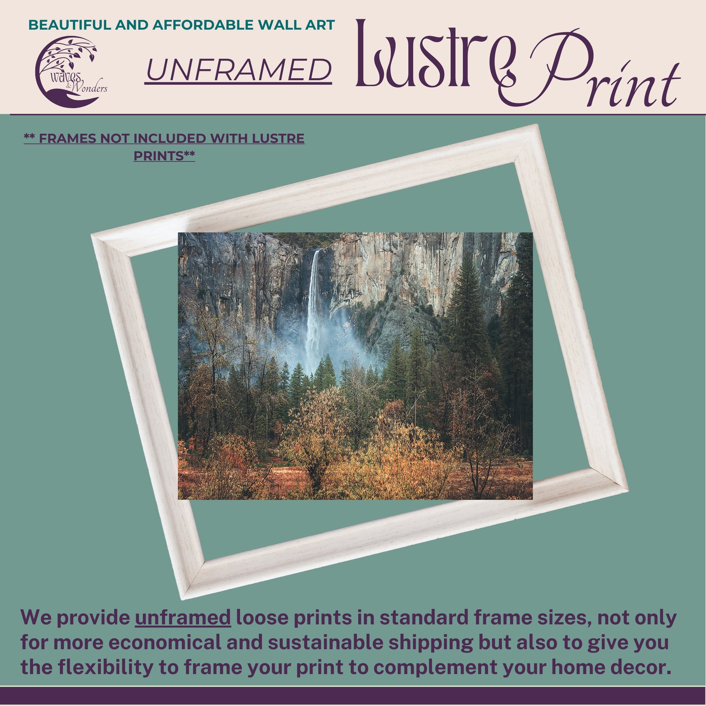 a poster with a picture of a waterfall in the background