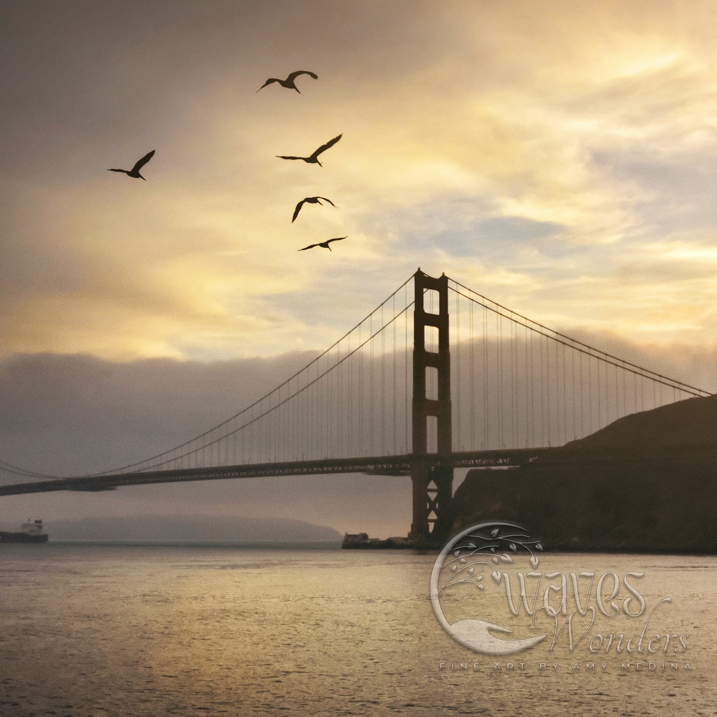 a group of seagulls flying over the golden gate bridge