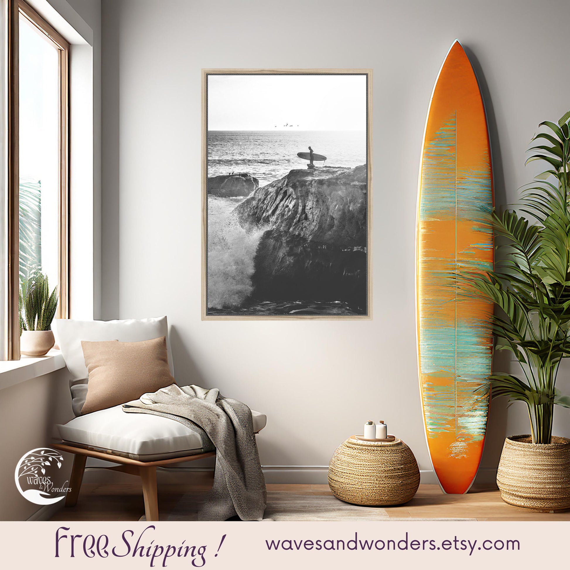 a living room with a surfboard next to a window