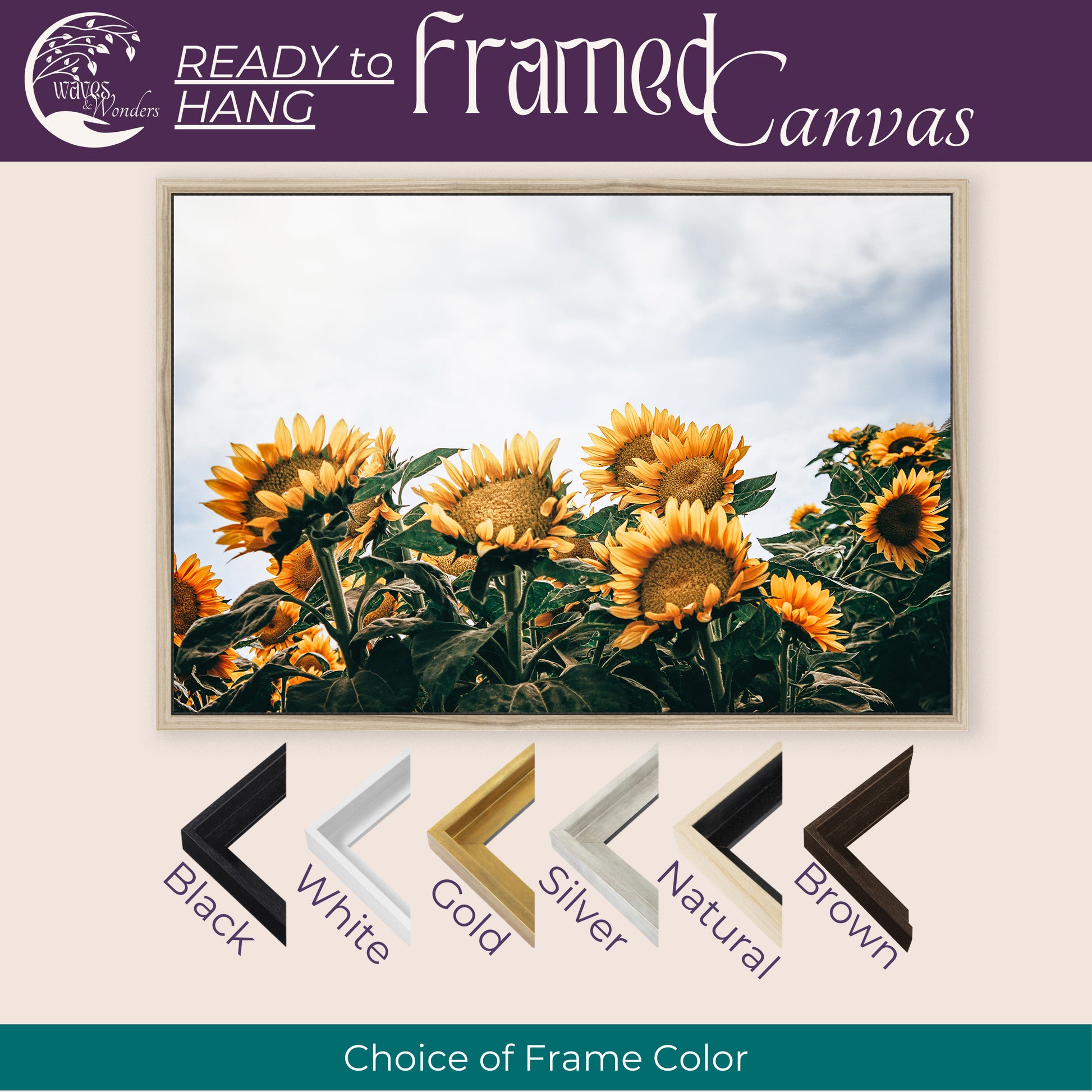 a picture of a field of sunflowers with the words choice of frame color