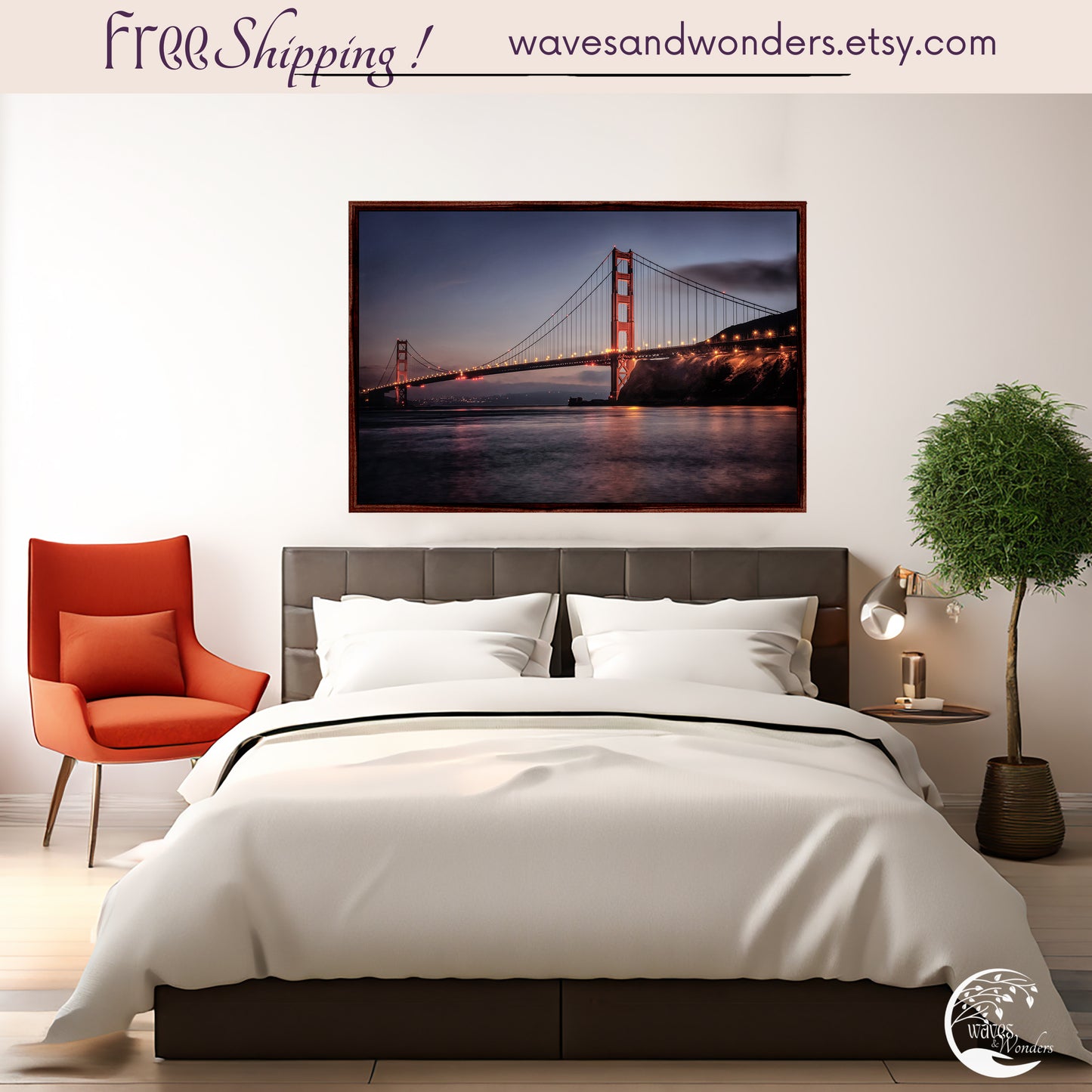 a bed with a picture of a bridge on the wall above it