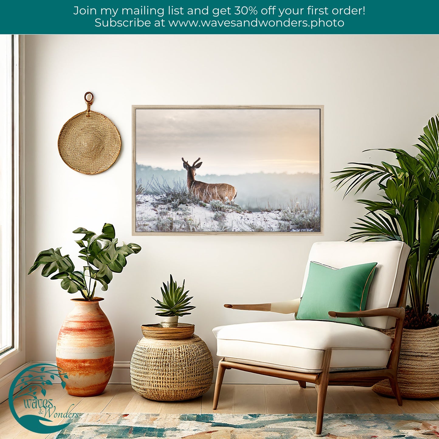 a living room with a chair, potted plants and a deer picture