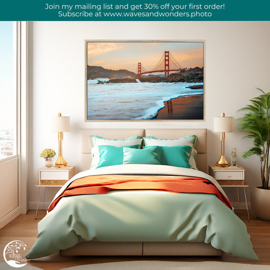 a bedroom with a picture of the golden gate bridge