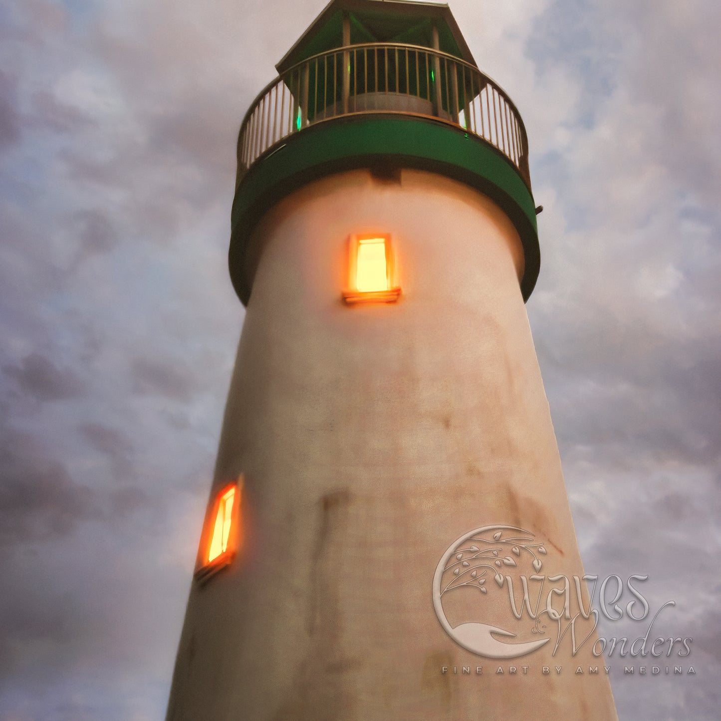 a white and green light house under a cloudy sky