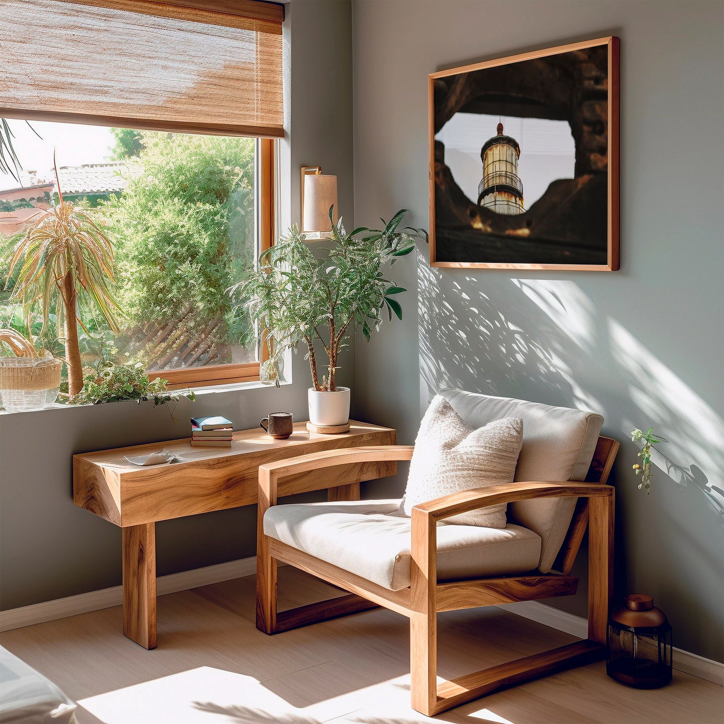 a living room with a chair and a table