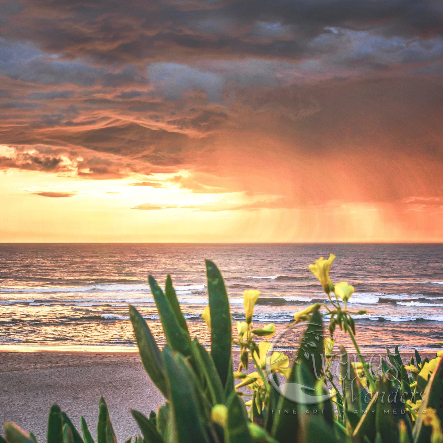 the sun is setting over the ocean and a beach