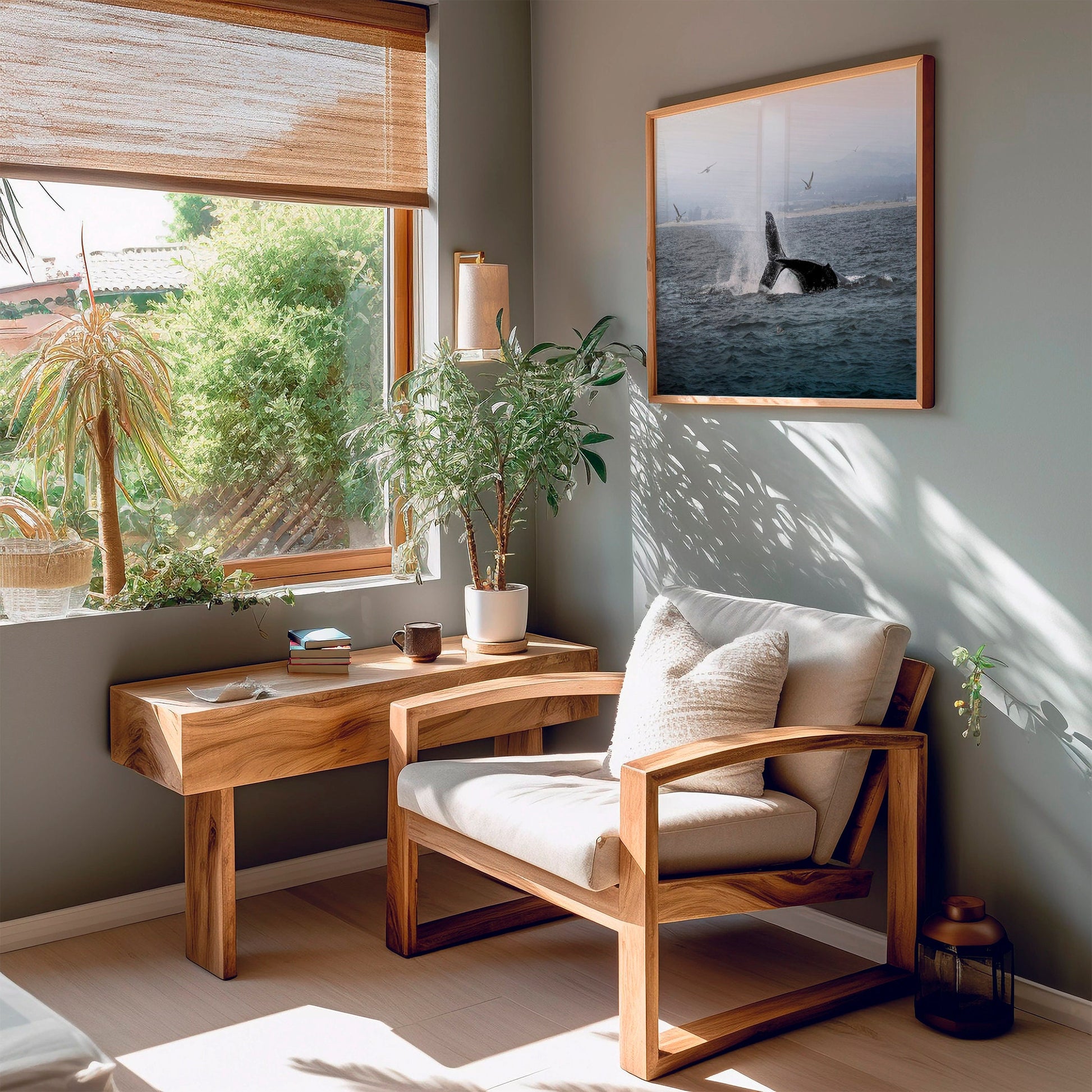 a living room with a chair and a desk