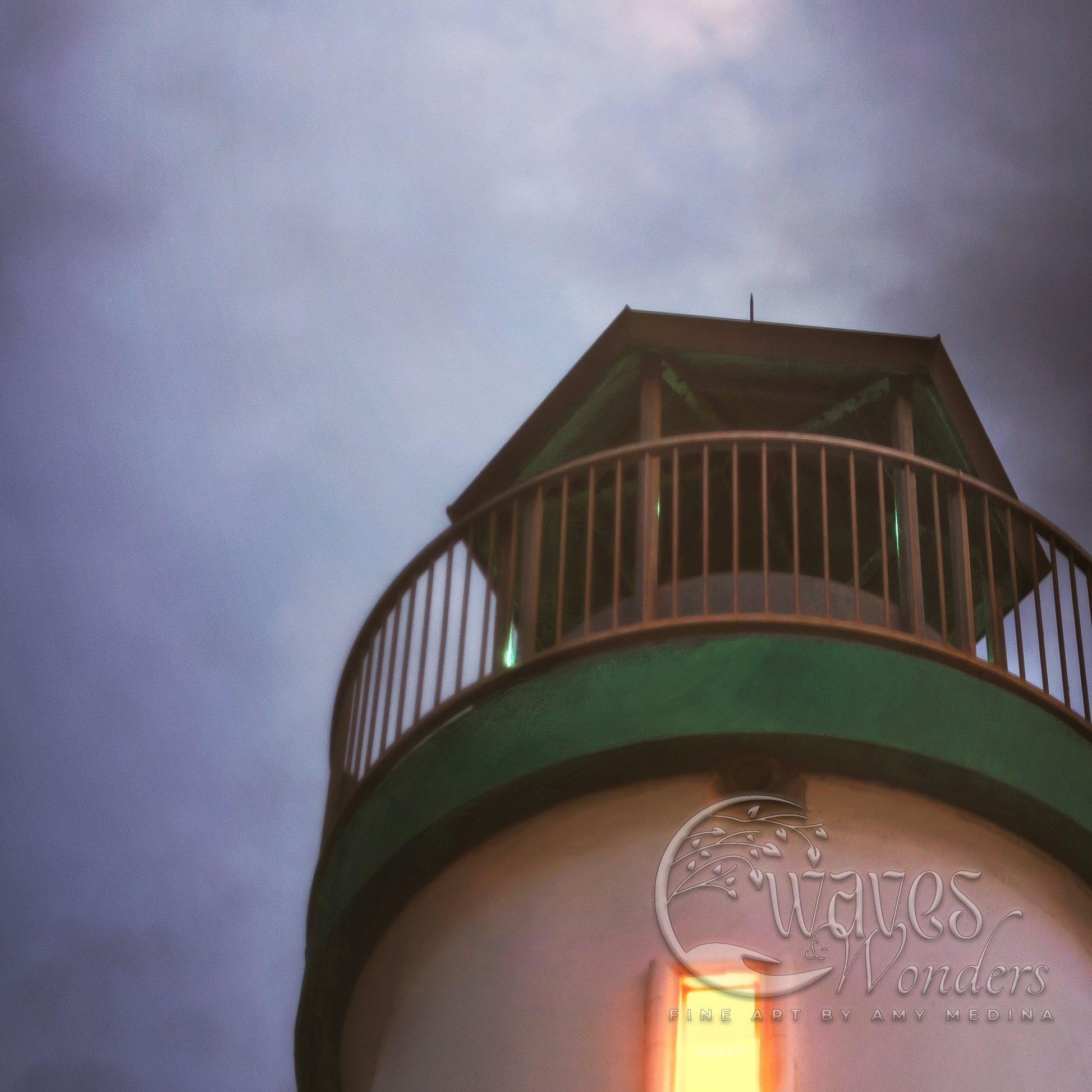 a white and green light house under a cloudy sky