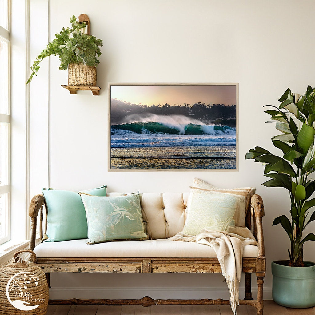 a living room with a couch and a painting on the wall