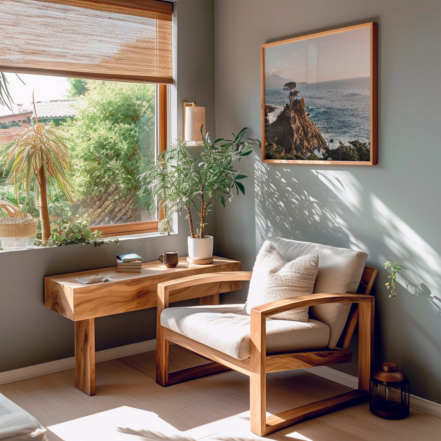 a living room with a chair and a desk in front of a window