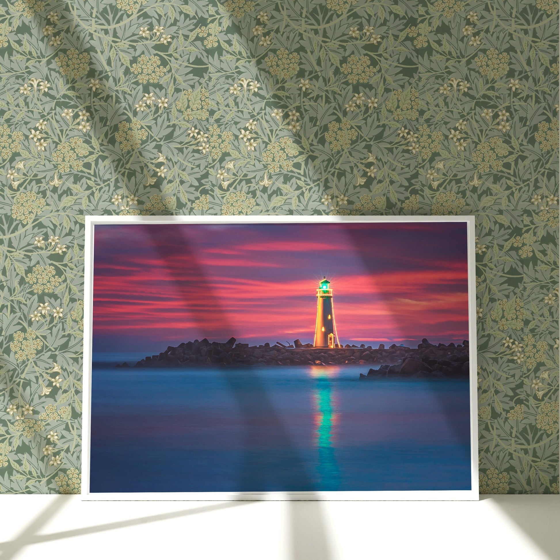 a painting of a light house in the middle of a body of water