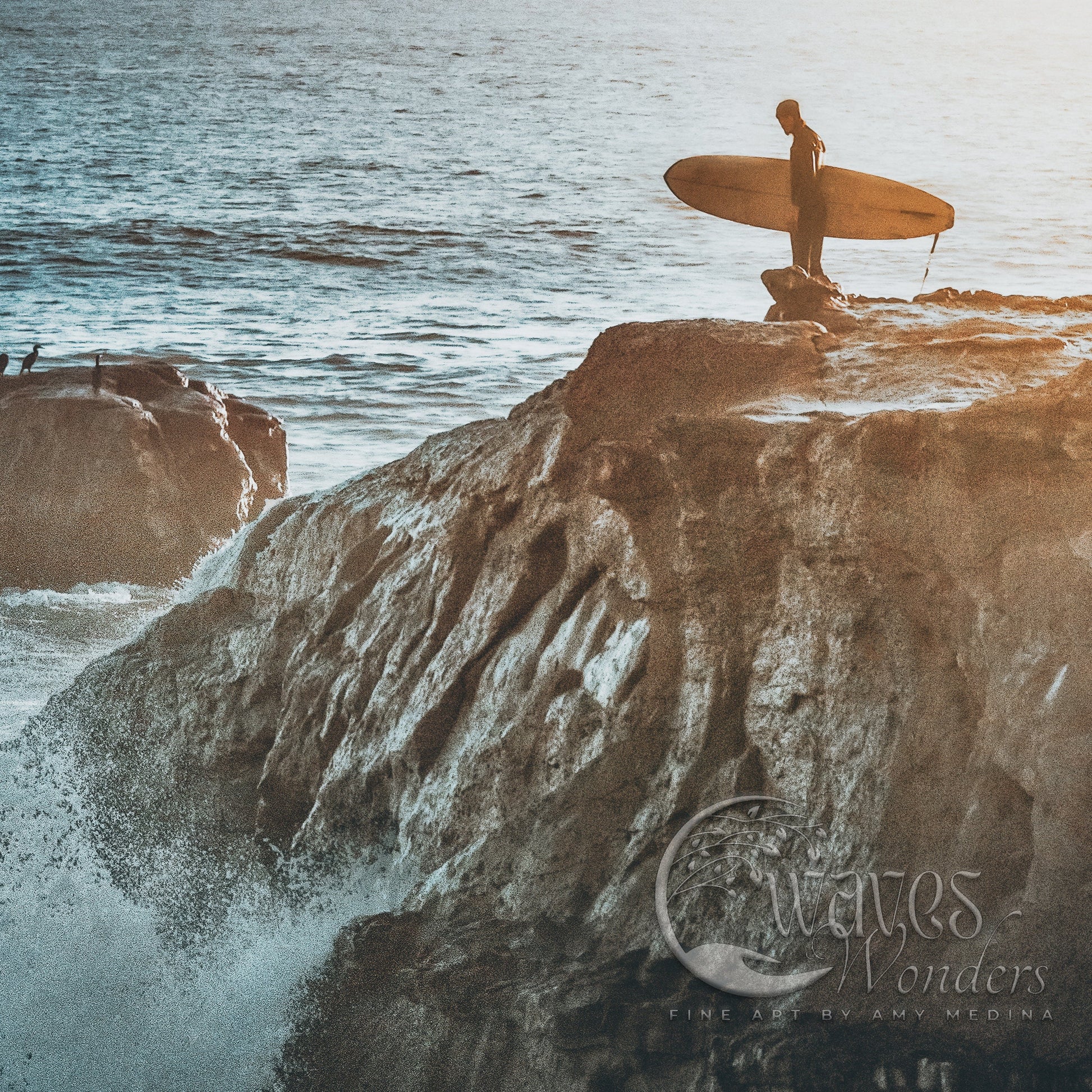 a person standing on a rock with a surfboard