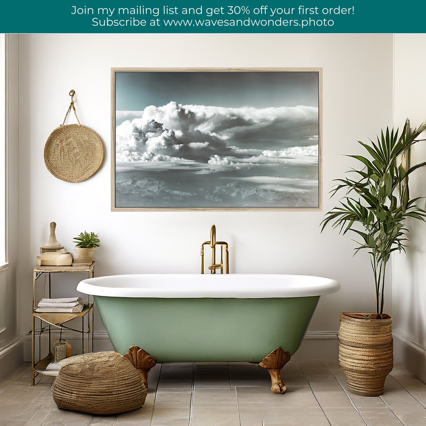 a bathroom with a green bathtub and a potted plant