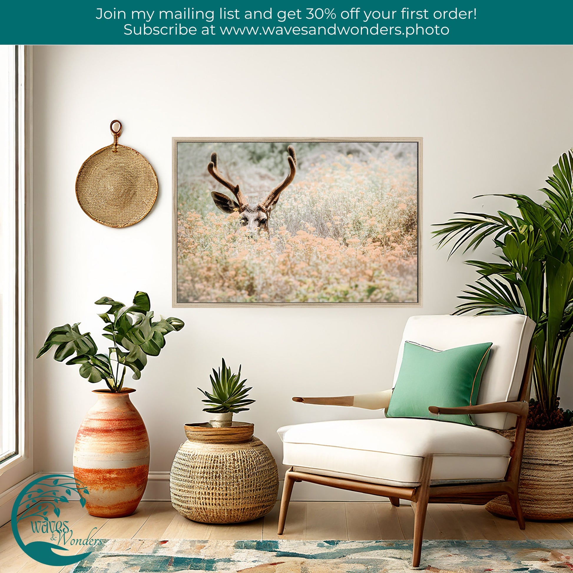 a living room with a chair, potted plants and a deer's head