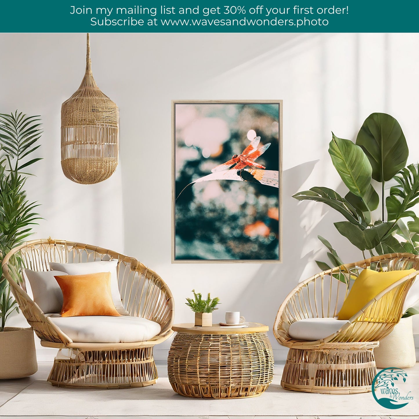 a living room with wicker furniture and plants