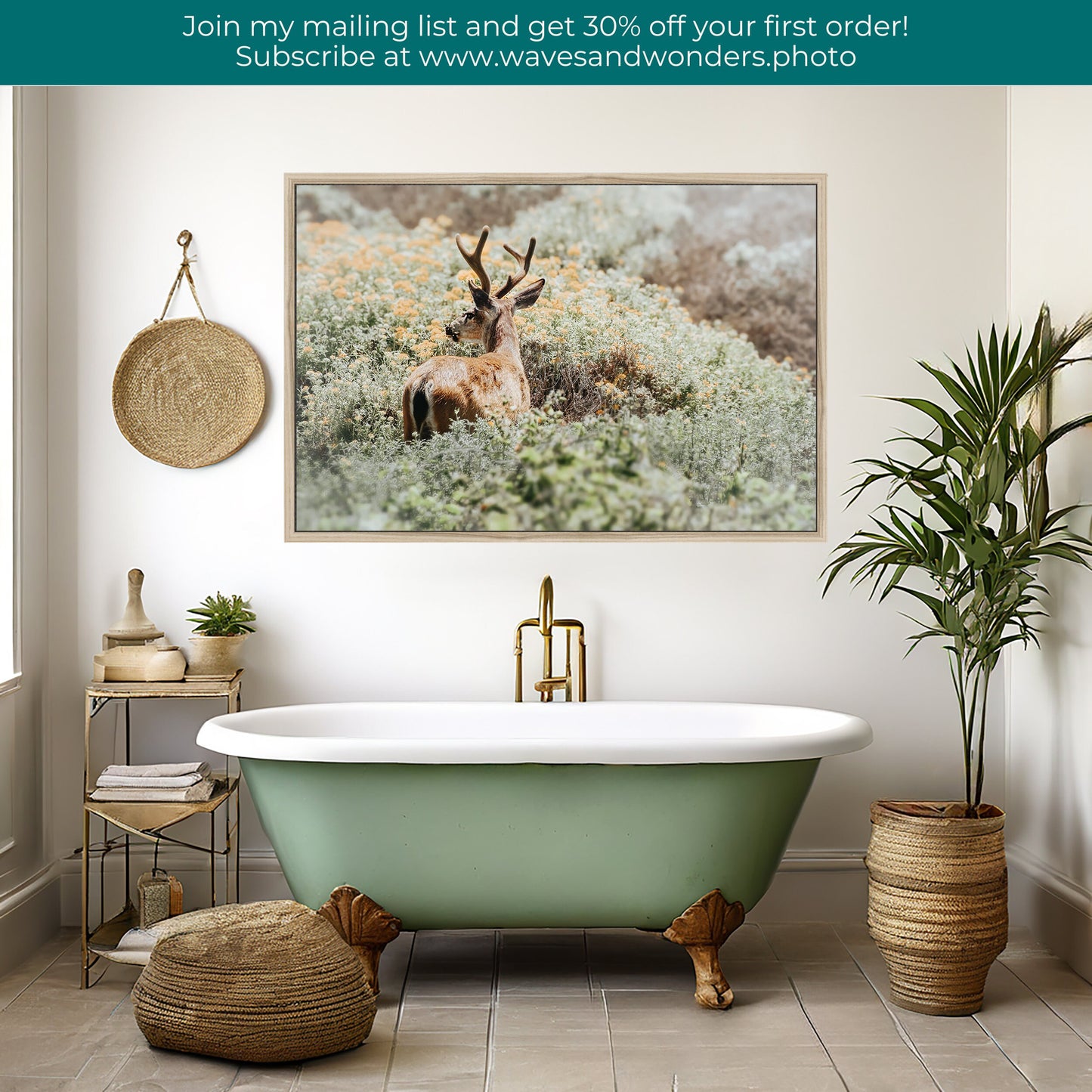 a bathroom with a tub and a painting on the wall