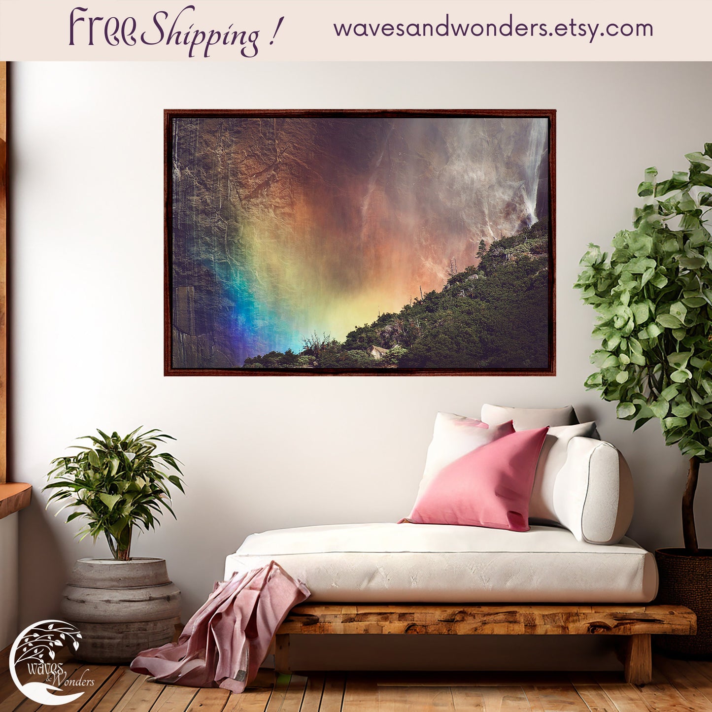 Fine Art Rainbow Waterfall Print, Nature Photography, Yosemite Waterfall Mist, Woodland Wall Prints,  Rustic Cabin Wall Decor