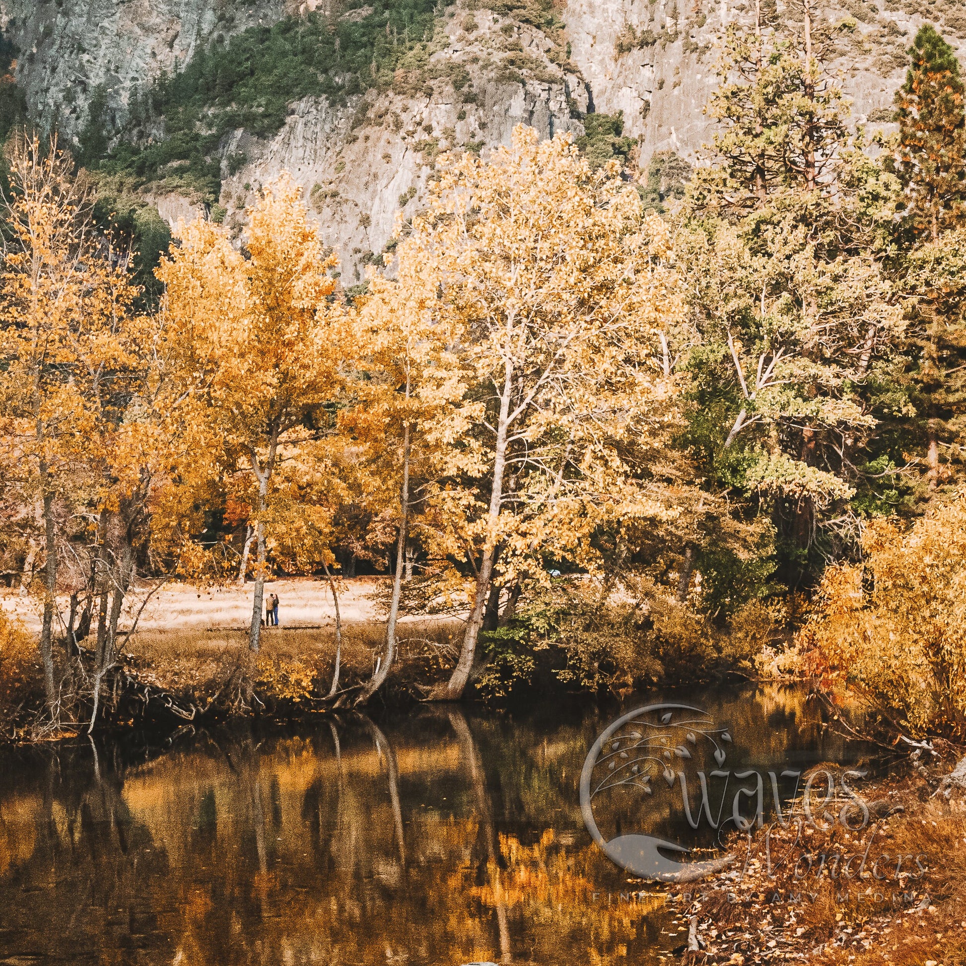 a body of water surrounded by trees with yellow leaves