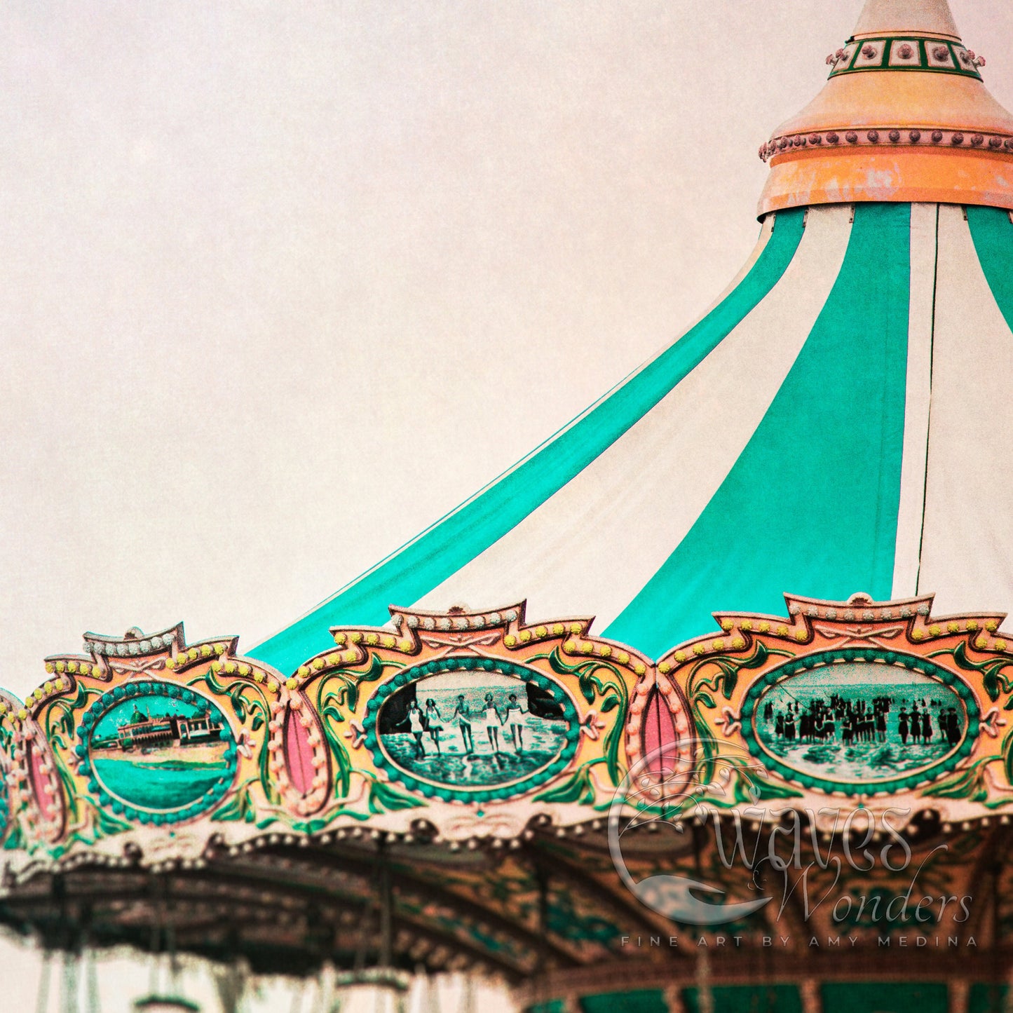 a large green and white carousel with a sky background