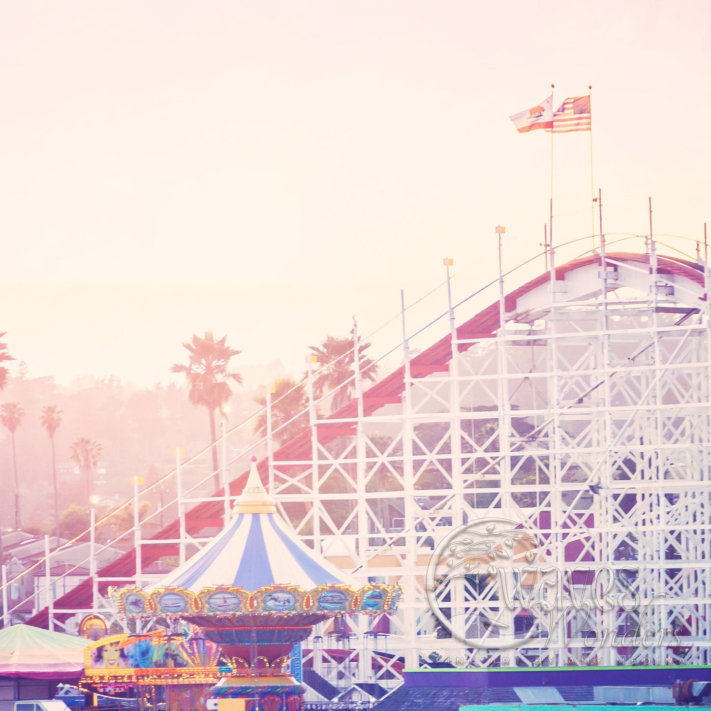 a carnival ride with a flag on top of it