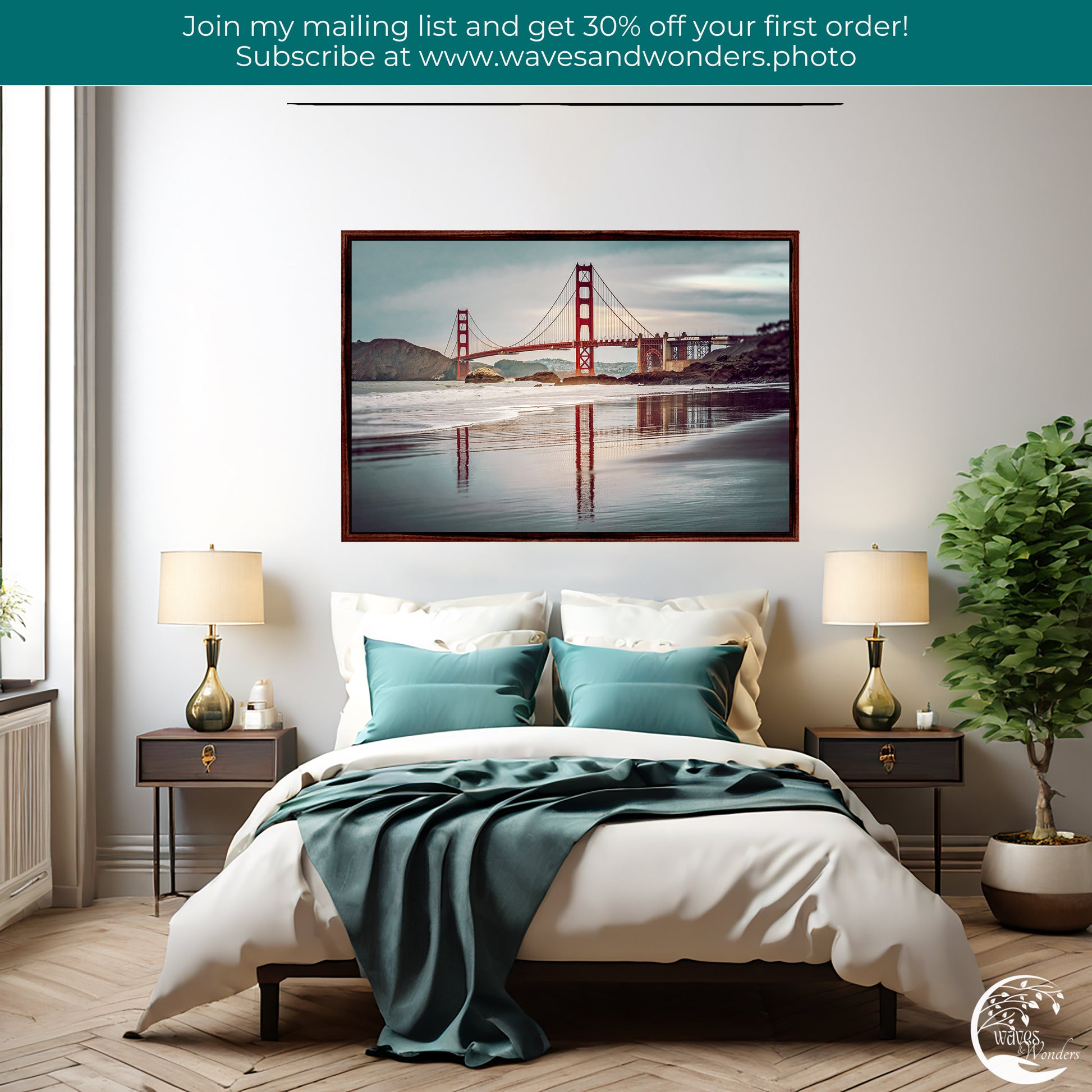 a bedroom with a picture of the golden gate bridge